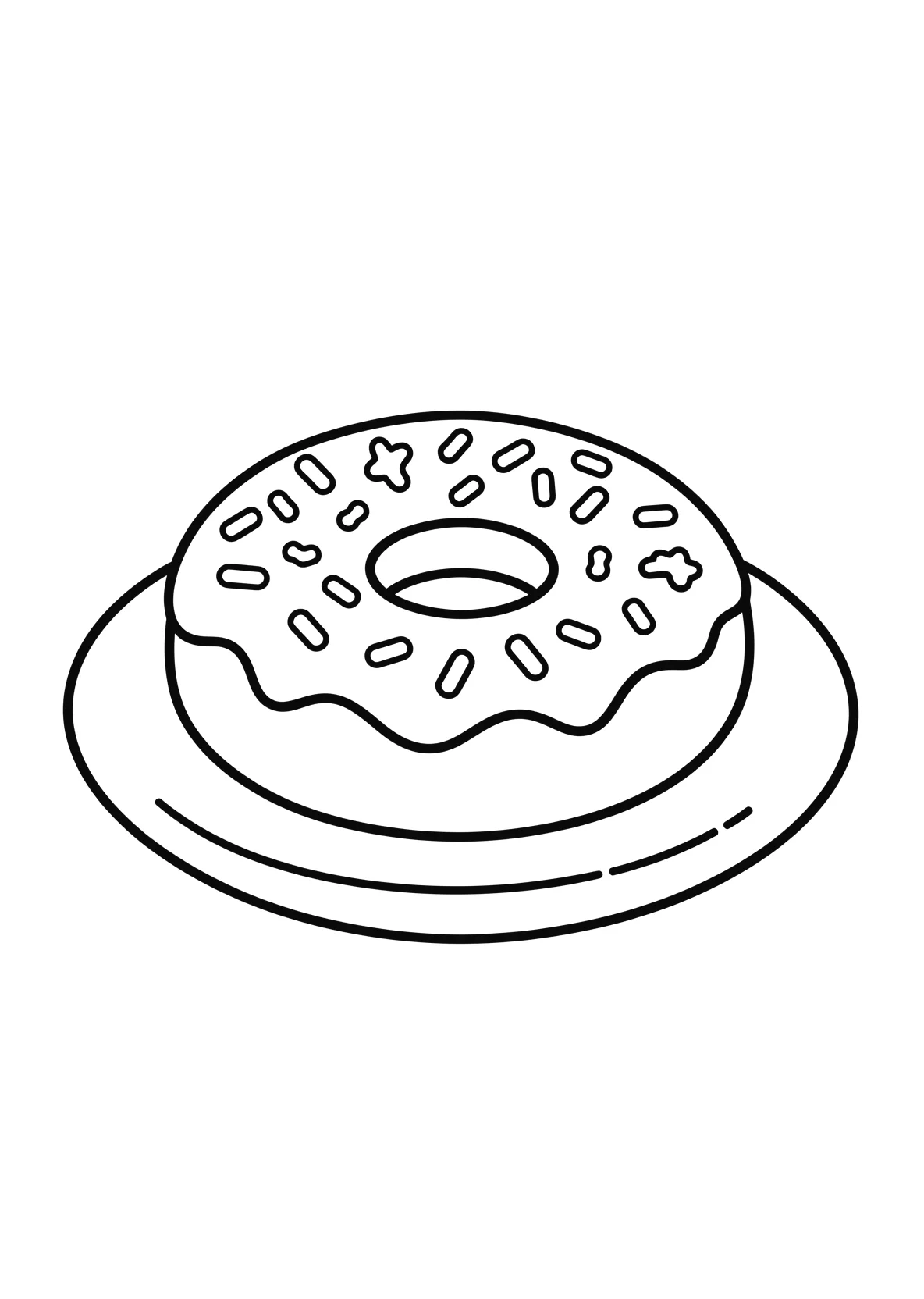 Ausmalbild Donut mit Streuseln auf einem Teller - Ausmalbild aus der Kategorie Essen - kostenlos ausdrucken