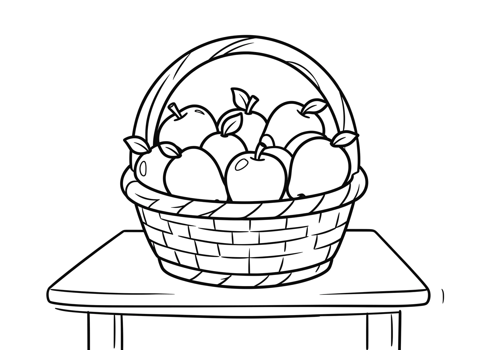 Ausmalbild Korb mit Äpfeln und Birnen auf einem Tisch - Ausmalbild aus der Kategorie Essen - kostenlos ausdrucken