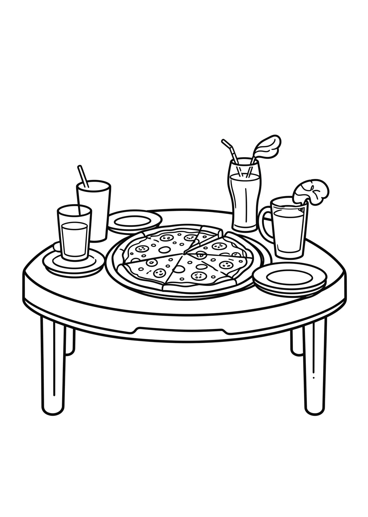 Ausmalbild Tisch mit Pizza, Getränken und Tellern - Ausmalbild aus der Kategorie Essen - kostenlos ausdrucken