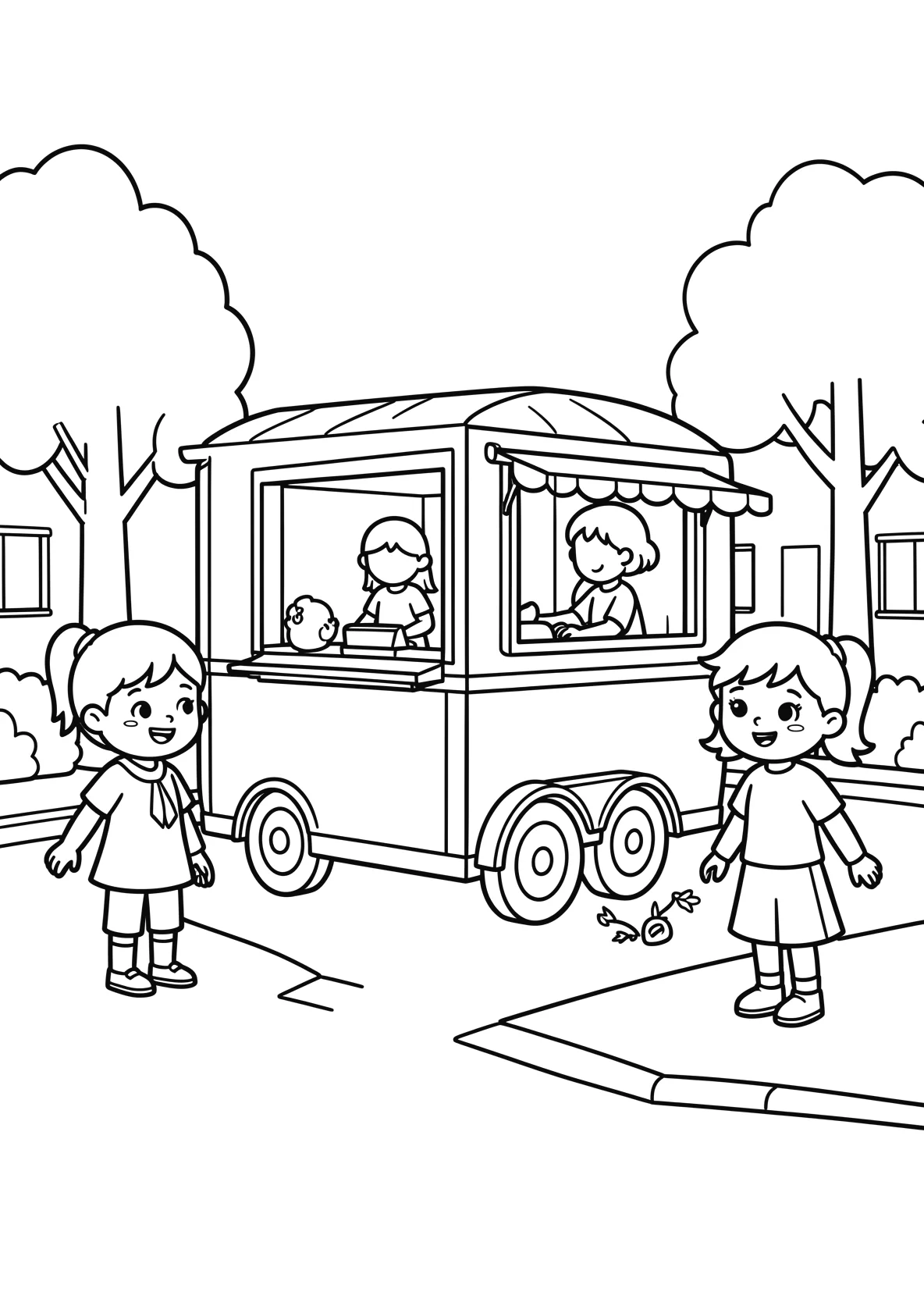 Ausmalbild Eiswagen steht auf einer Straße mit Kindern - Ausmalbild aus der Kategorie Essen - kostenlos ausdrucken