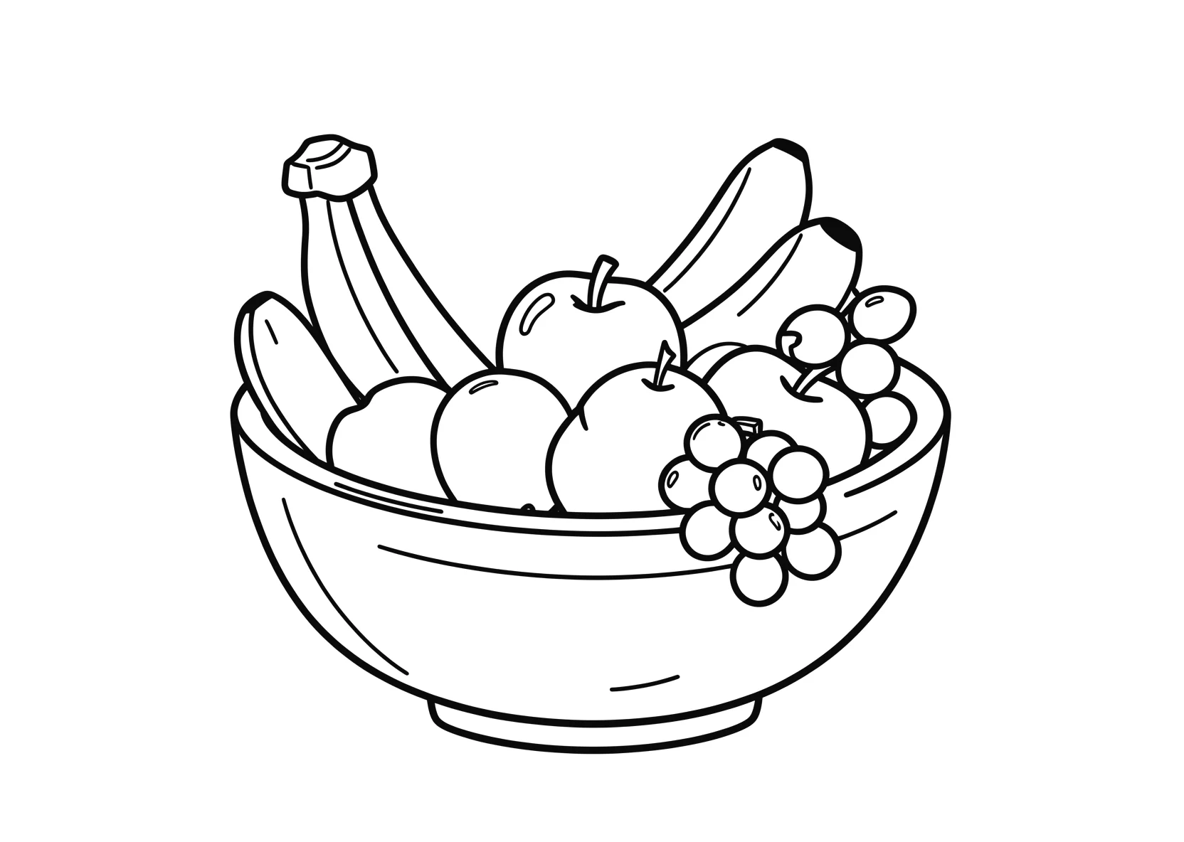 Ausmalbild Obstschale mit Bananen, Äpfeln und Trauben - Ausmalbild aus der Kategorie Essen - kostenlos ausdrucken