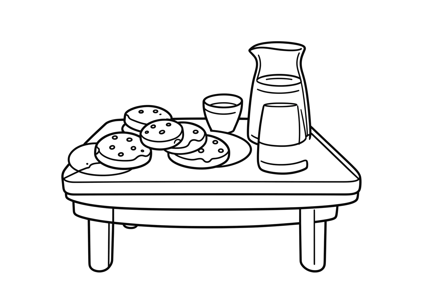 Ausmalbild Tisch mit Keksen und Milch - Ausmalbild aus der Kategorie Essen - kostenlos ausdrucken