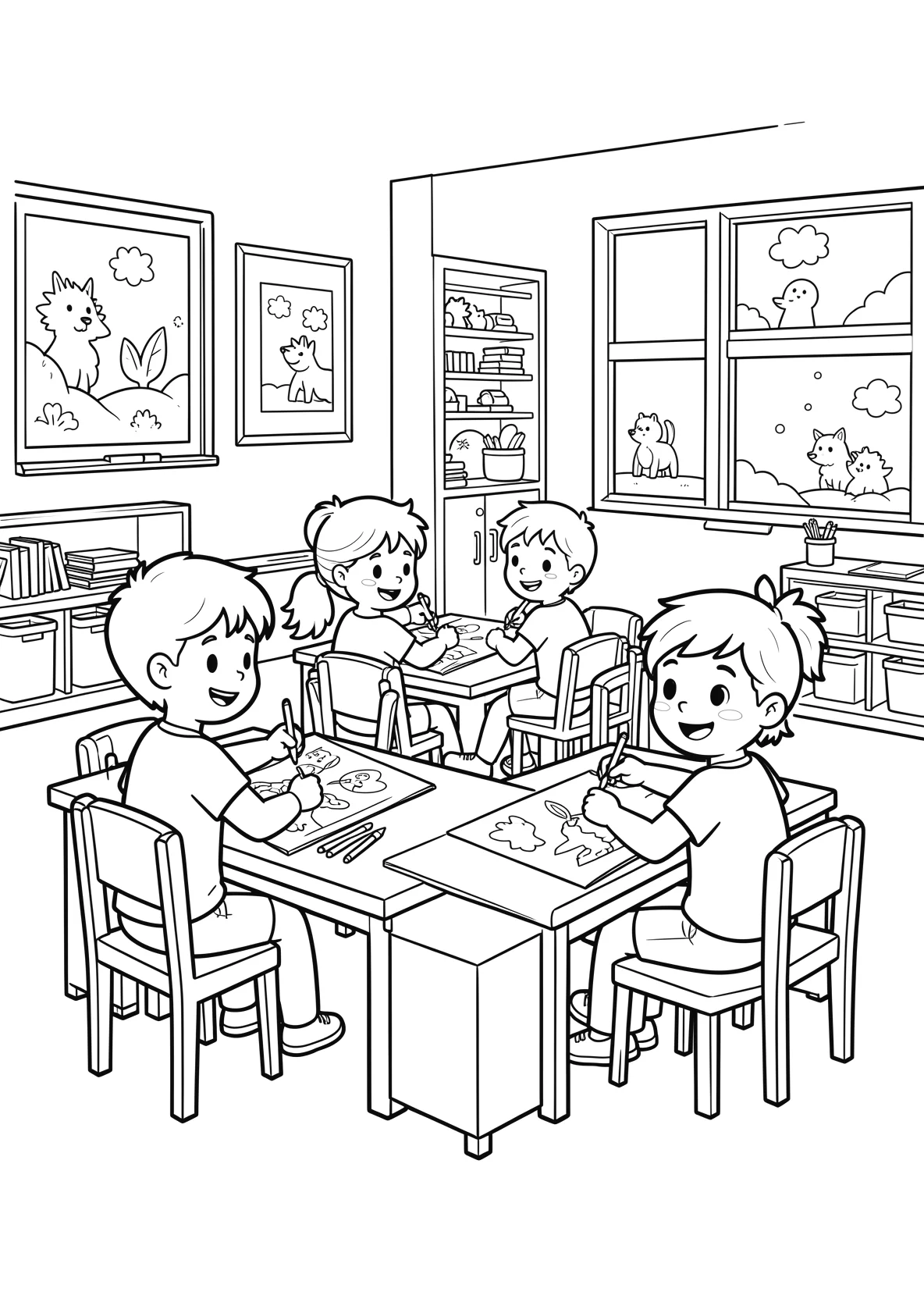 Ausmalbild Kinder sitzen an Tischen - Ausmalbild aus der Kategorie Berufe - kostenlos ausdrucken