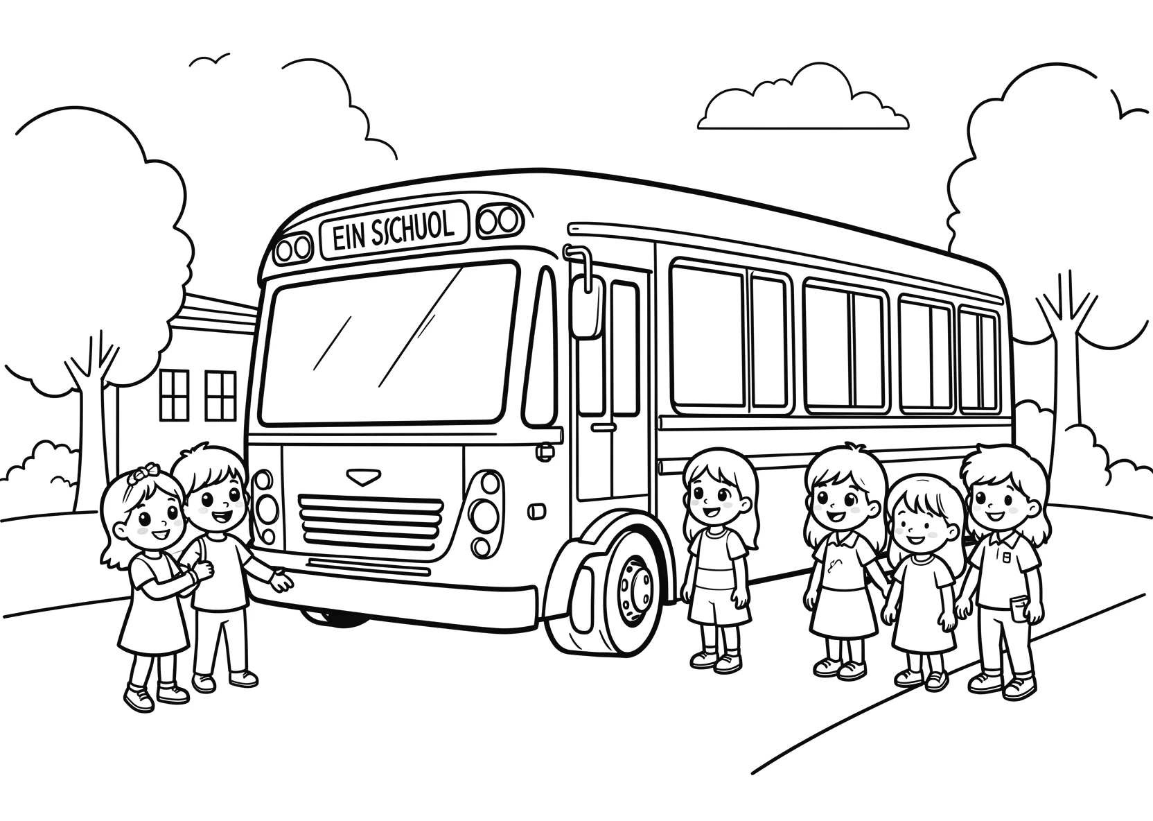 Ausmalbild Schulbus steht vor einer Schule mit Kindern - Ausmalbild aus der Kategorie Berufe - kostenlos ausdrucken