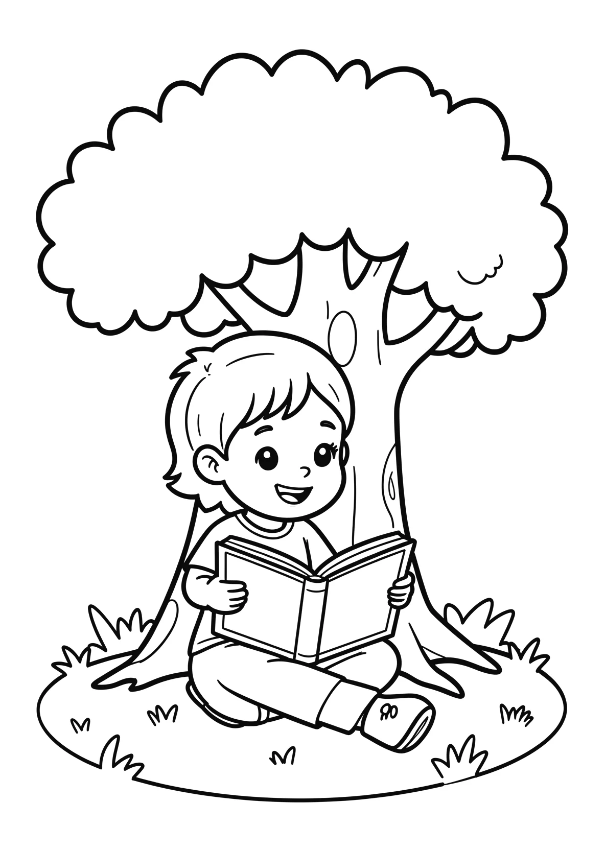 Ausmalbild Kind liest ein Buch unter einem Baum - Ausmalbild aus der Kategorie Natur - kostenlos ausdrucken