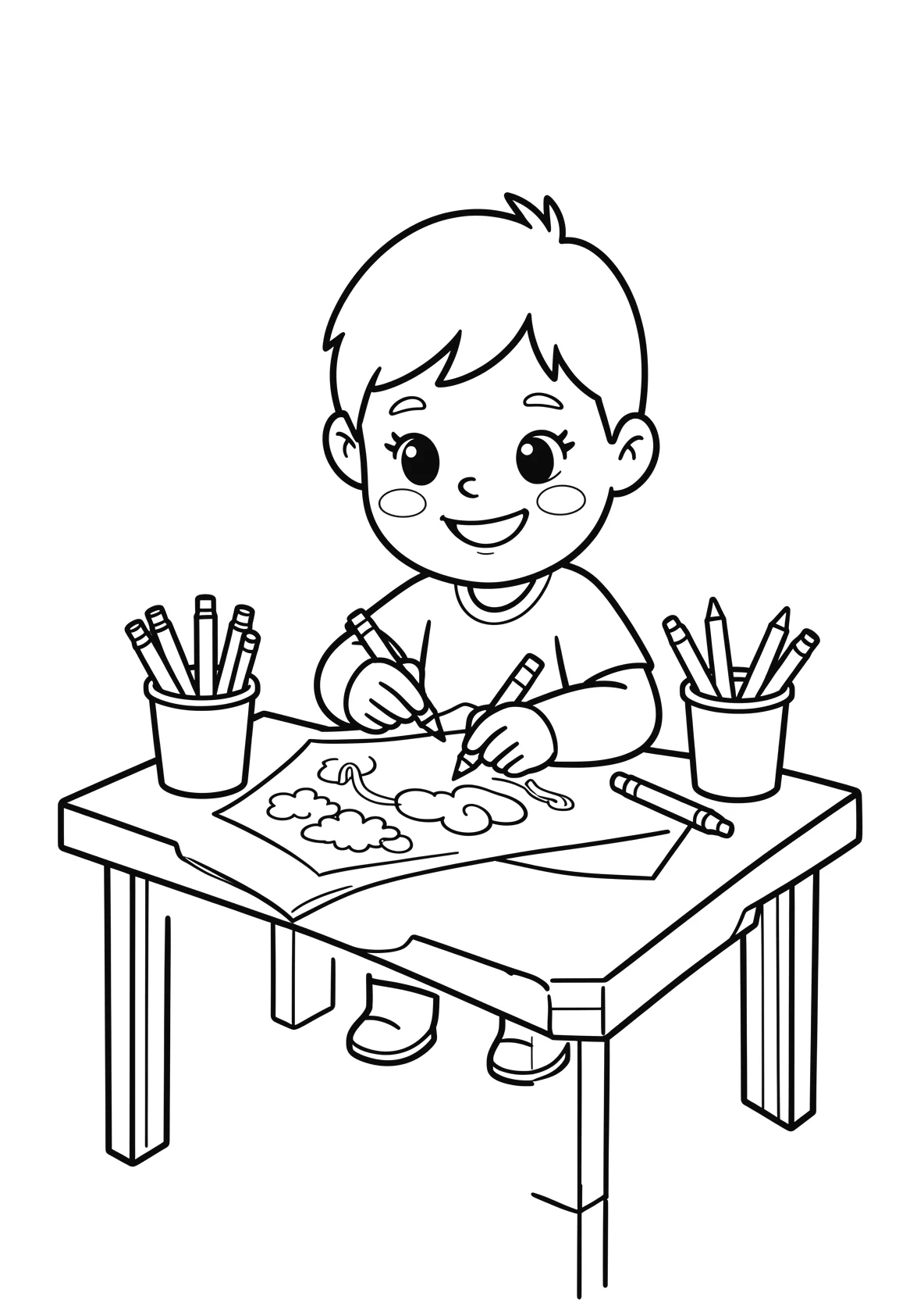 Ausmalbild Kind malt ein Bild an einem Tisch mit Stiften - Ausmalbild aus der Kategorie Sonstiges - kostenlos ausdrucken