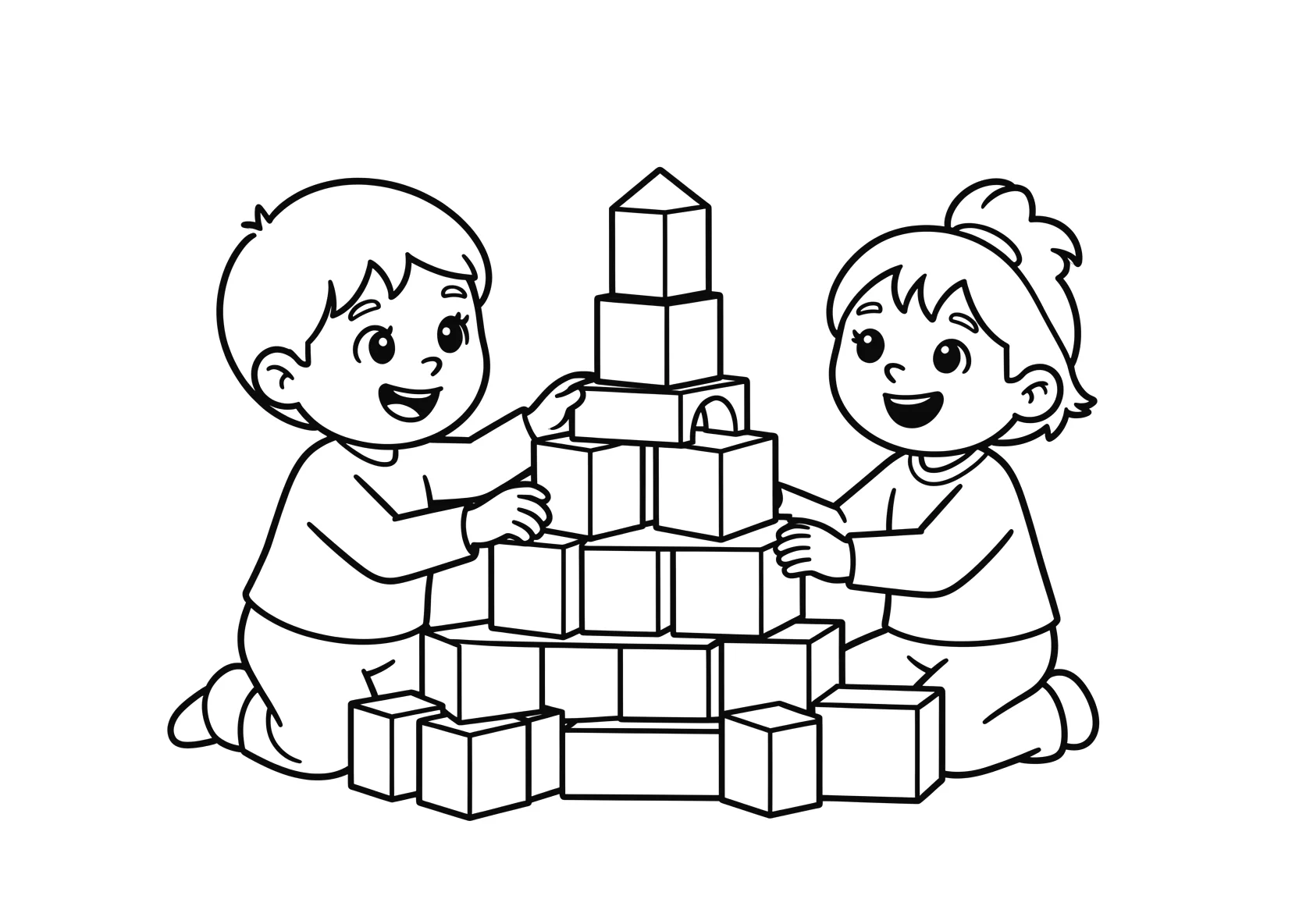 Ausmalbild Kinder bauen einen Turm aus Bausteinen - Ausmalbild aus der Kategorie Maerchen - kostenlos ausdrucken