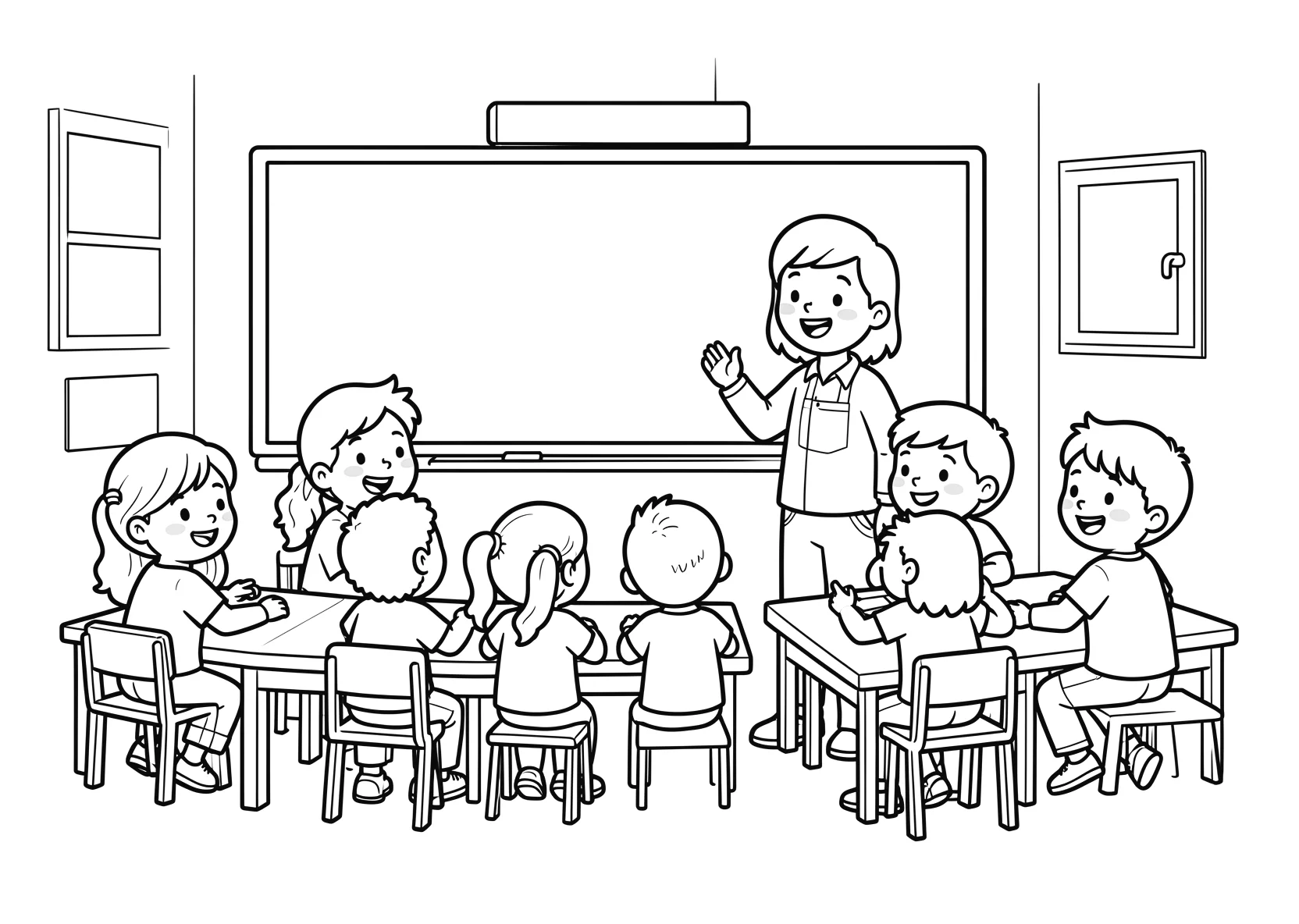 Ausmalbild Schulklasse mit Lehrer und Tafel - Ausmalbild aus der Kategorie Berufe - kostenlos ausdrucken