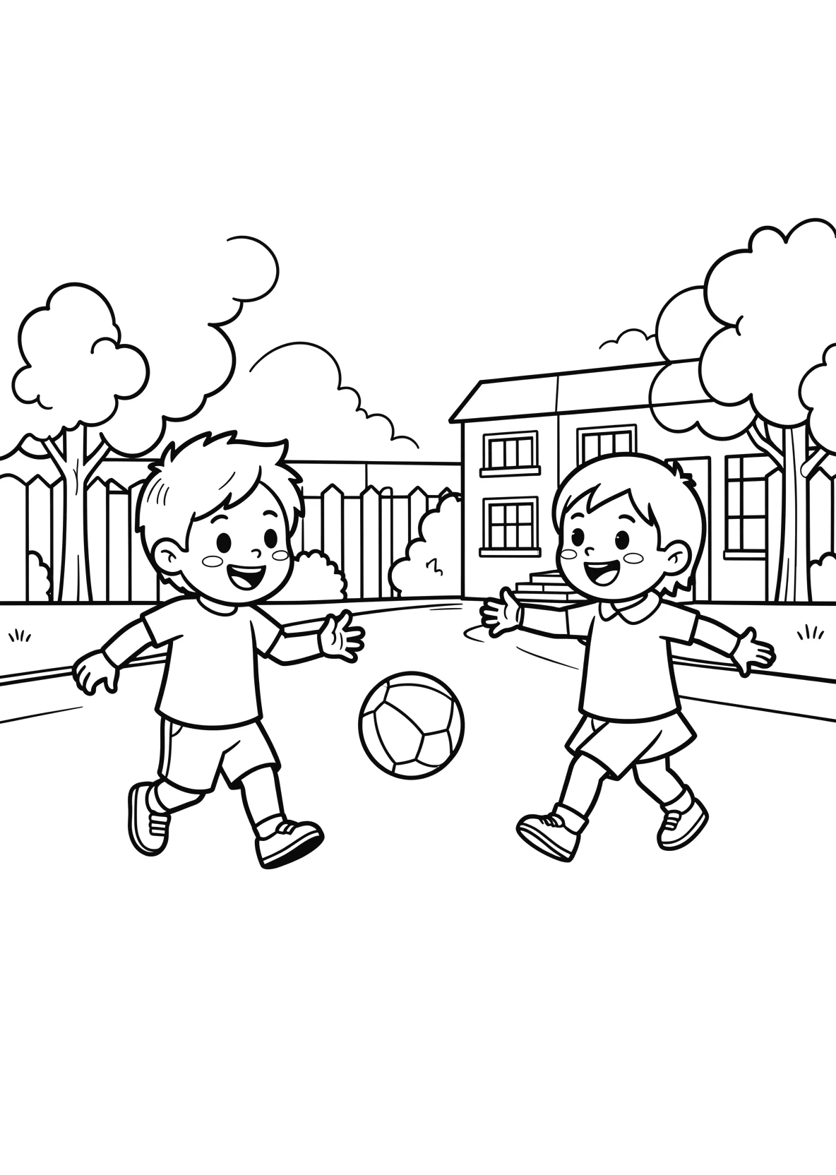 Ausmalbild Kinder spielen Ball auf einem Schulhof - Ausmalbild aus der Kategorie Berufe - kostenlos ausdrucken