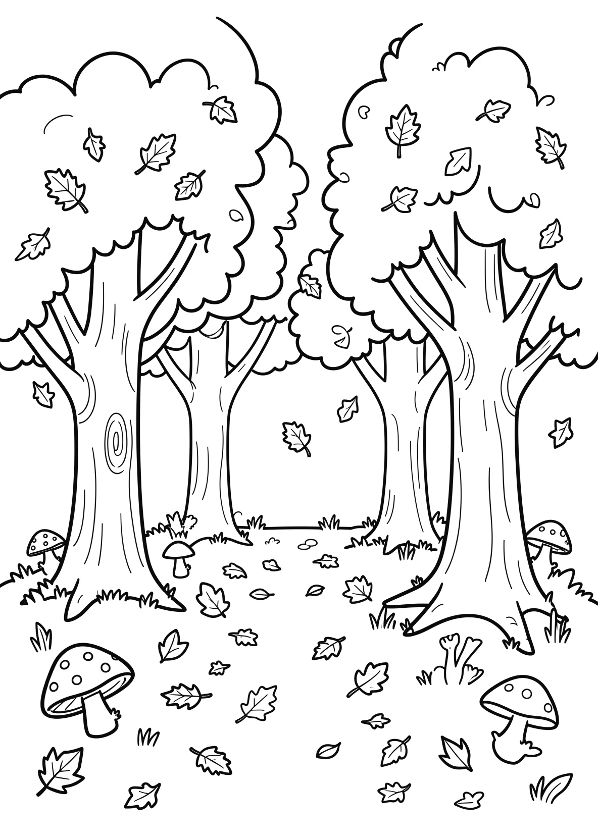 Ausmalbild Herbstwald mit fallenden Blättern - Ausmalbild aus der Kategorie Natur - kostenlos ausdrucken