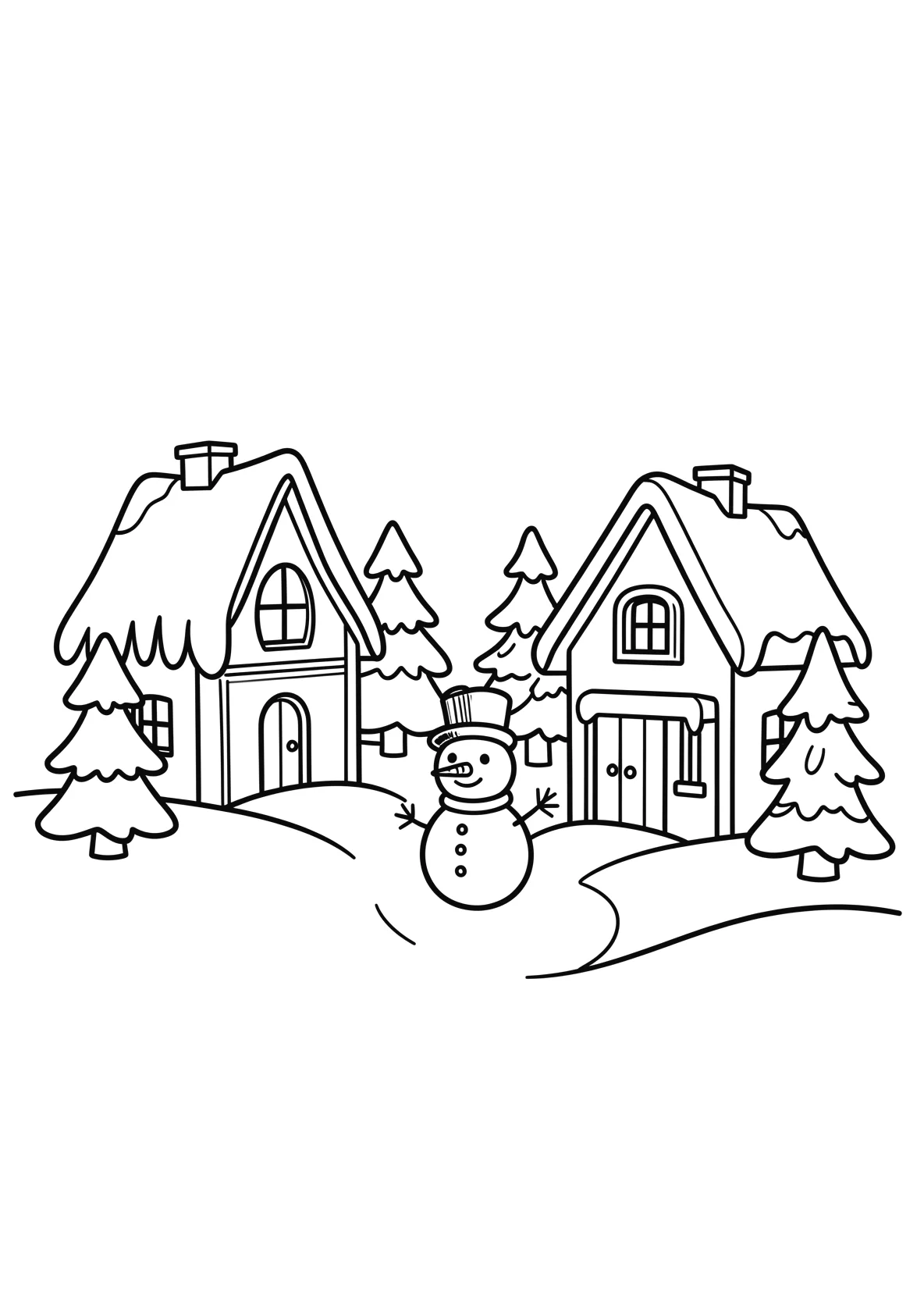 Ausmalbild Winterdorf mit Schnee, Häusern und Schneemann - Ausmalbild aus der Kategorie Natur - kostenlos ausdrucken