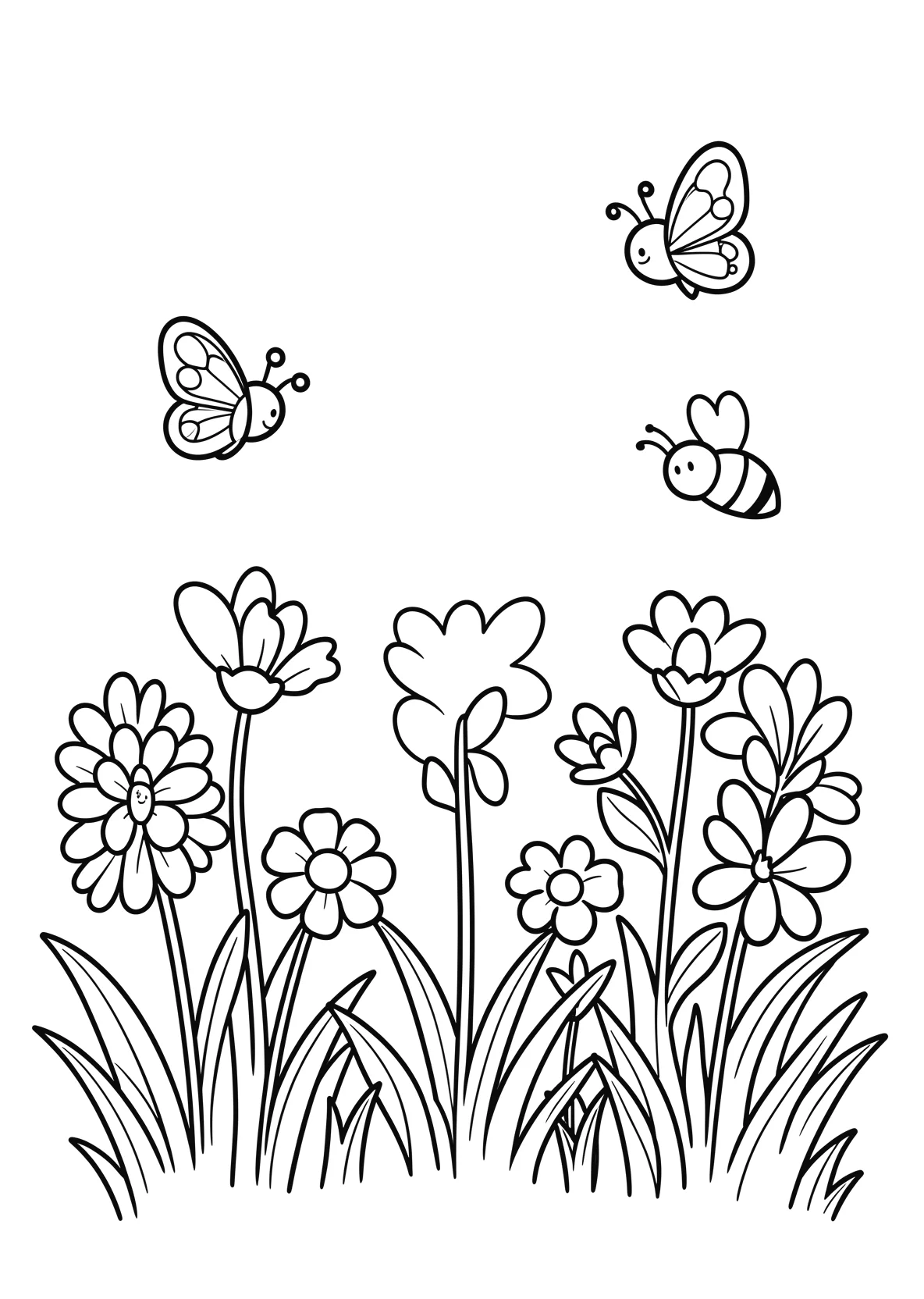 Ausmalbild Frühlingswiese mit Blumen - Ausmalbild aus der Kategorie Tiere - kostenlos ausdrucken