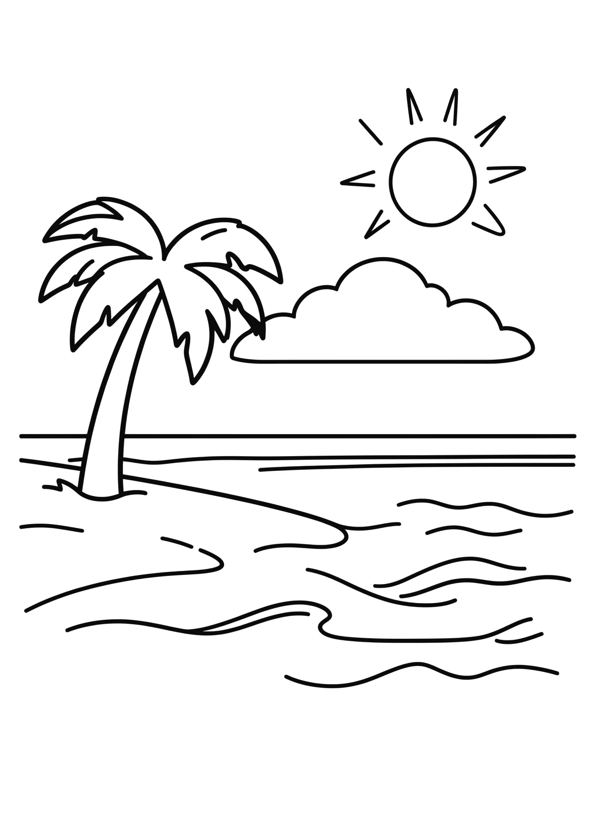 Ausmalbild Sommerstrand mit Palmen, Sonne und Wellen - Ausmalbild aus der Kategorie Natur - kostenlos ausdrucken