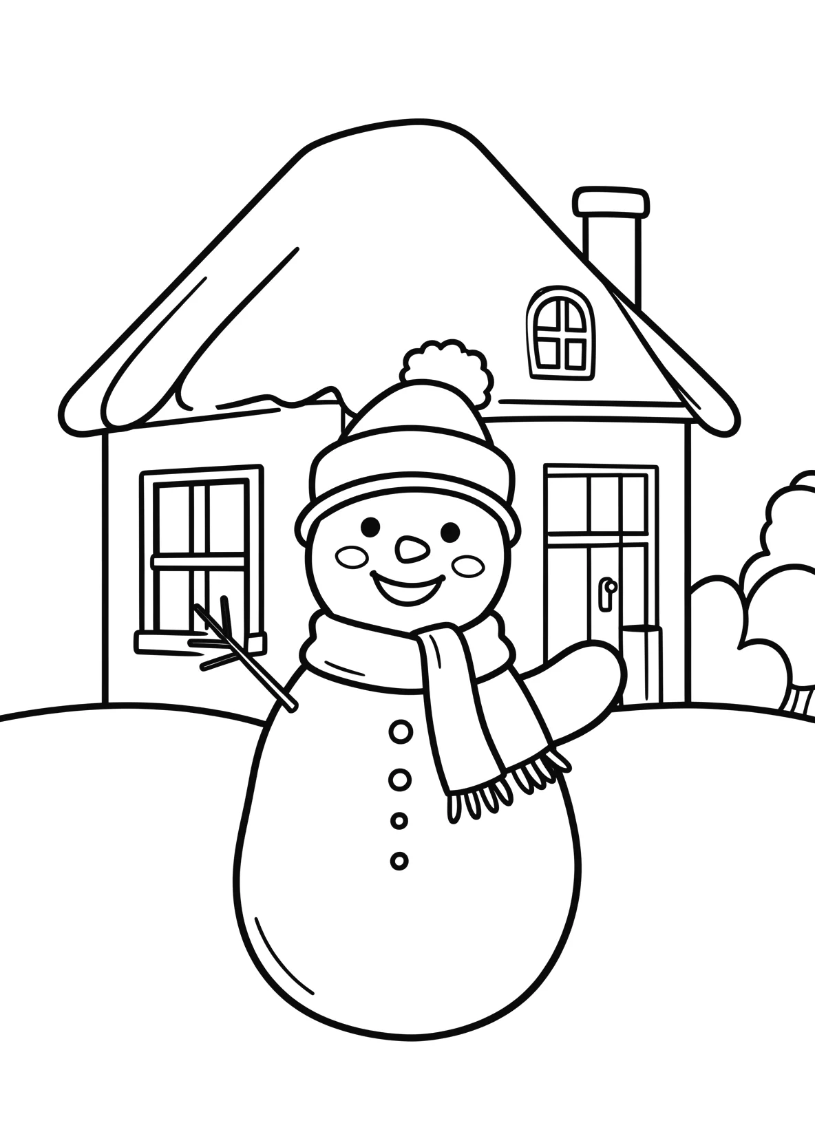 Ausmalbild Schneemann mit Hut und Schal vor einem Haus - Ausmalbild aus der Kategorie Natur - kostenlos ausdrucken