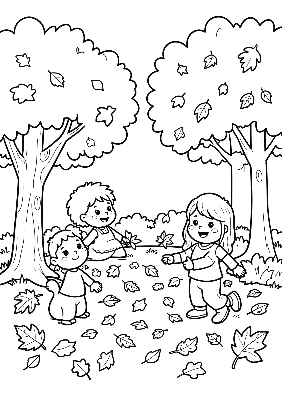 Ausmalbild Kinder spielen im Herbstlaub unter Bäumen - Ausmalbild aus der Kategorie Natur - kostenlos ausdrucken