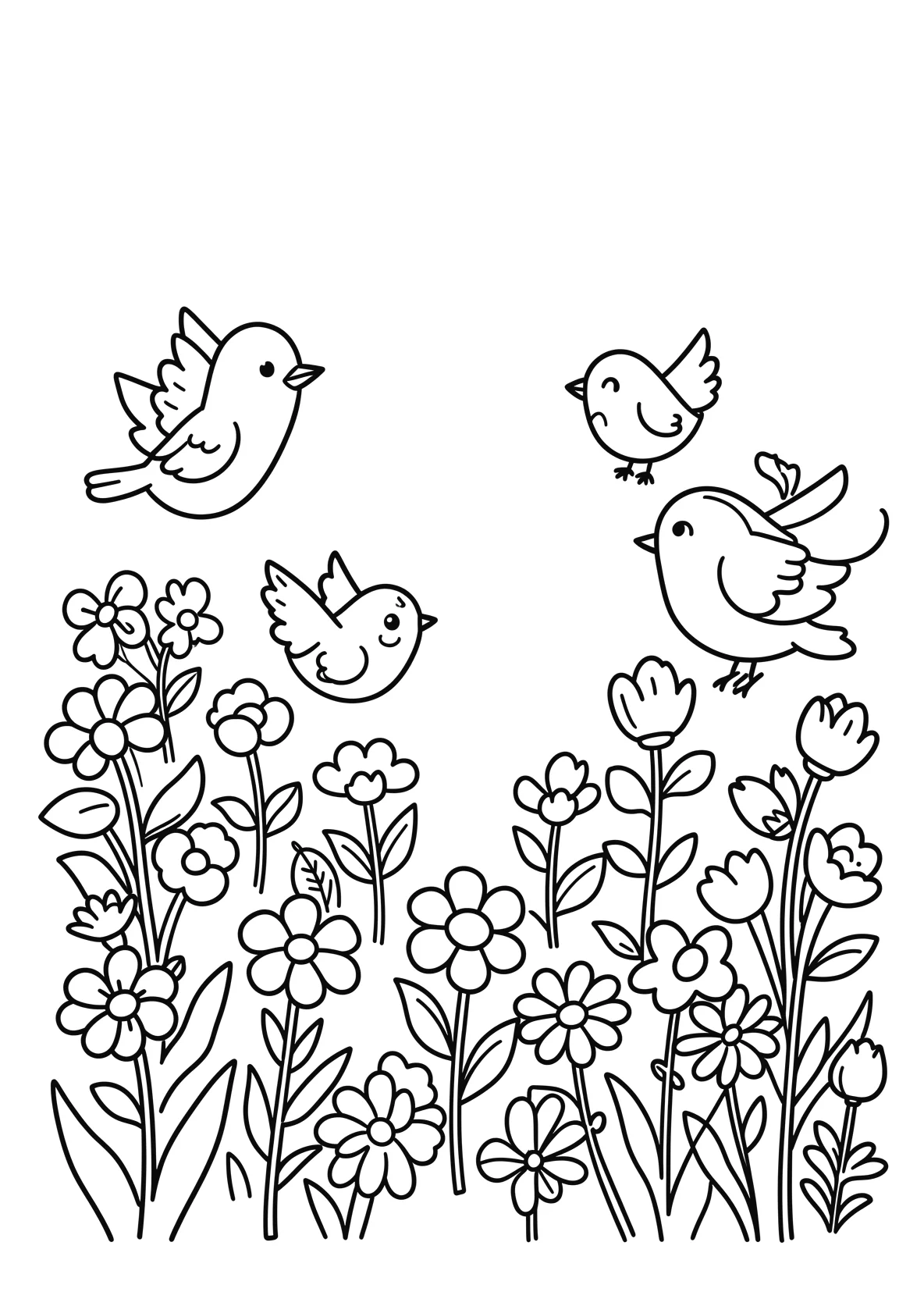 Ausmalbild Garten im Frühling mit Blumen und Vögeln - Ausmalbild aus der Kategorie Natur - kostenlos ausdrucken