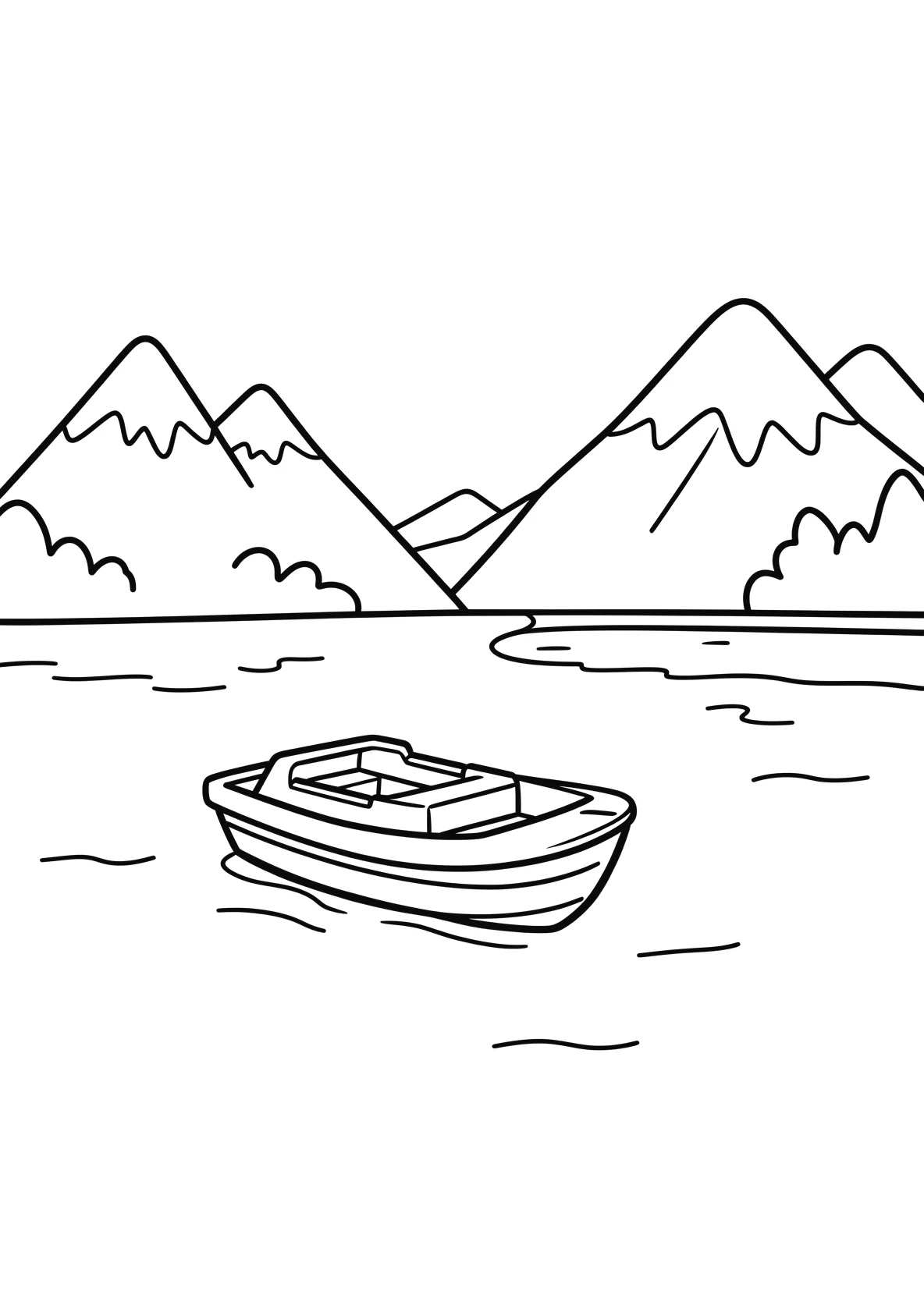 Ausmalbild See im Sommer mit Boot und Bergen - Ausmalbild aus der Kategorie Natur - kostenlos ausdrucken