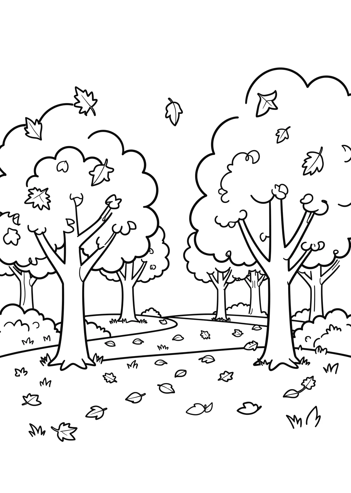 Ausmalbild Park im Herbst mit Bäumen und Blättern - Ausmalbild aus der Kategorie Natur - kostenlos ausdrucken