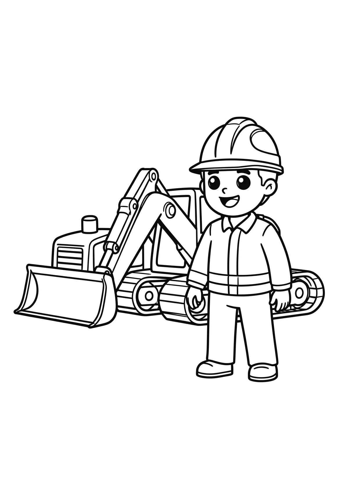 Ausmalbild Bauarbeiter mit Helm steht neben einem Bagger - Ausmalbild aus der Kategorie Berufe - kostenlos ausdrucken