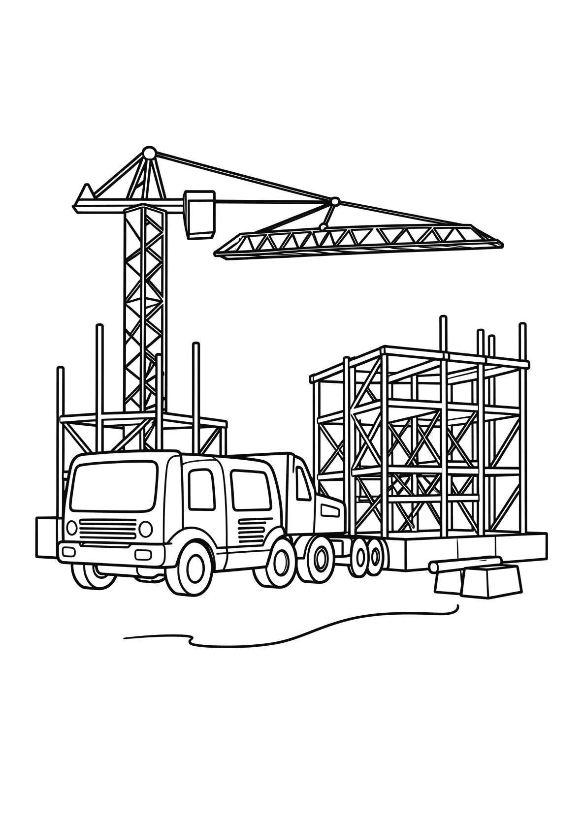 Ausmalbild Baustelle mit LKW, Kran und Baugerüst - Ausmalbild aus der Kategorie Berufe - kostenlos ausdrucken