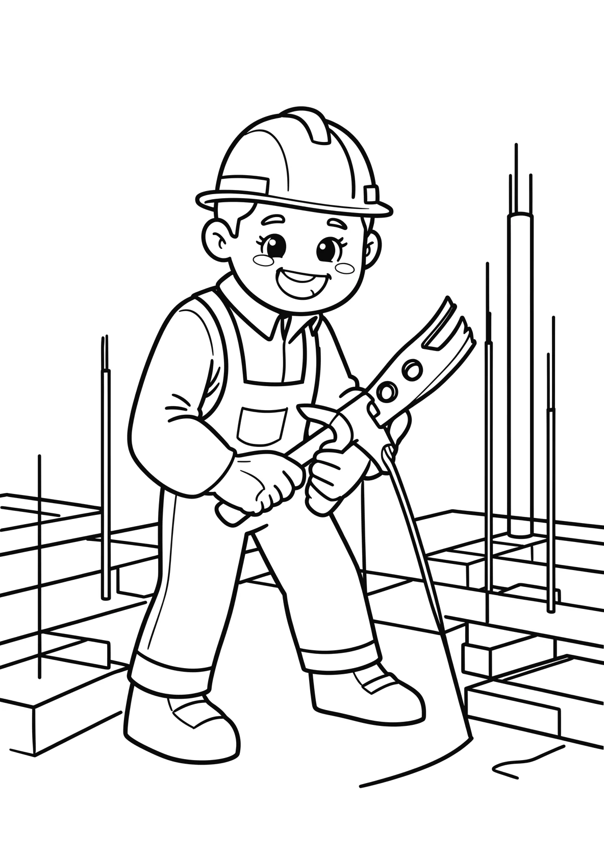 Ausmalbild Bauarbeiter arbeitet mit Werkzeug auf einer - Ausmalbild aus der Kategorie Berufe - kostenlos ausdrucken