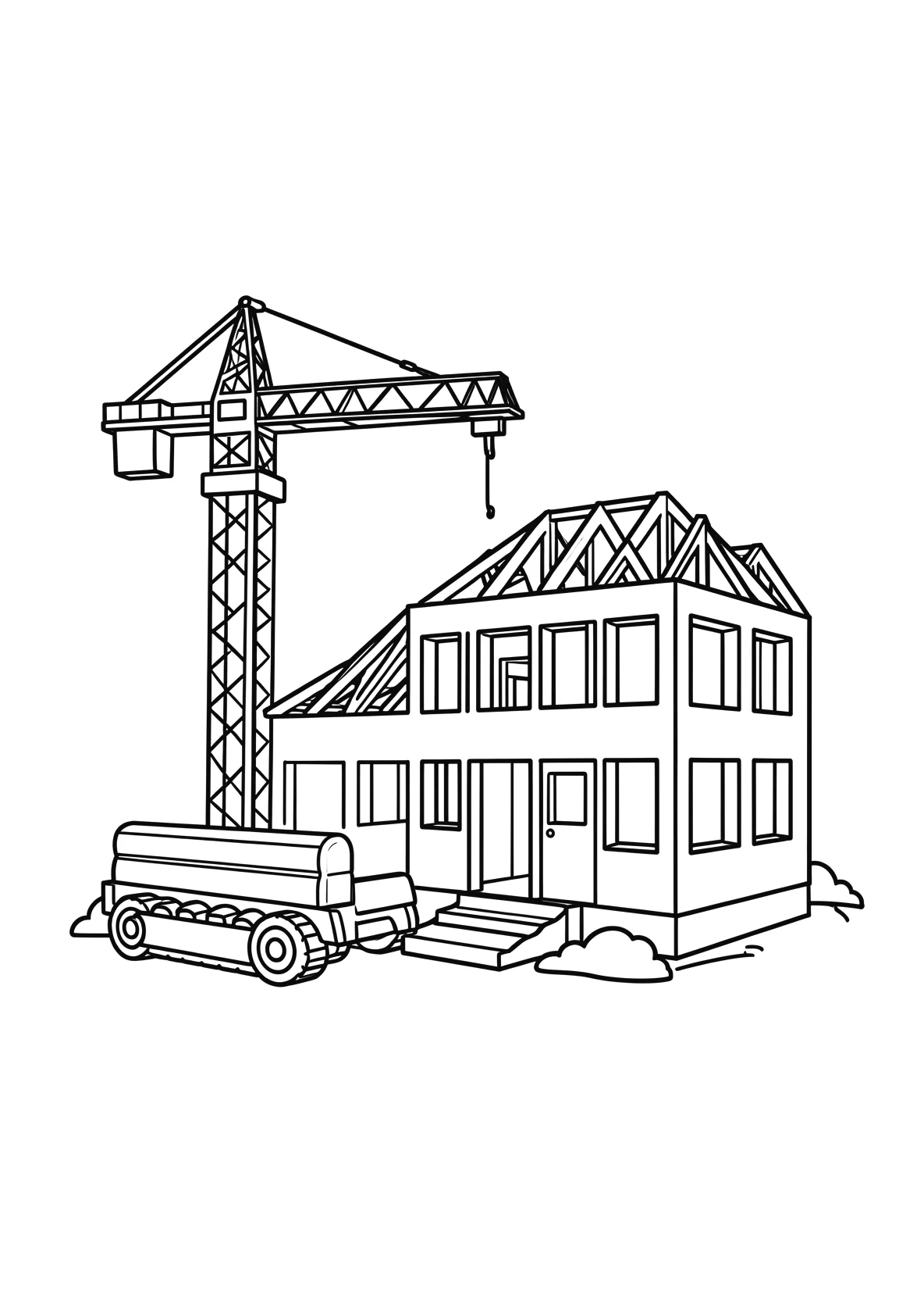 Ausmalbild Kran steht neben einem halbfertigen Gebäude - Ausmalbild aus der Kategorie Fahrzeuge - kostenlos ausdrucken