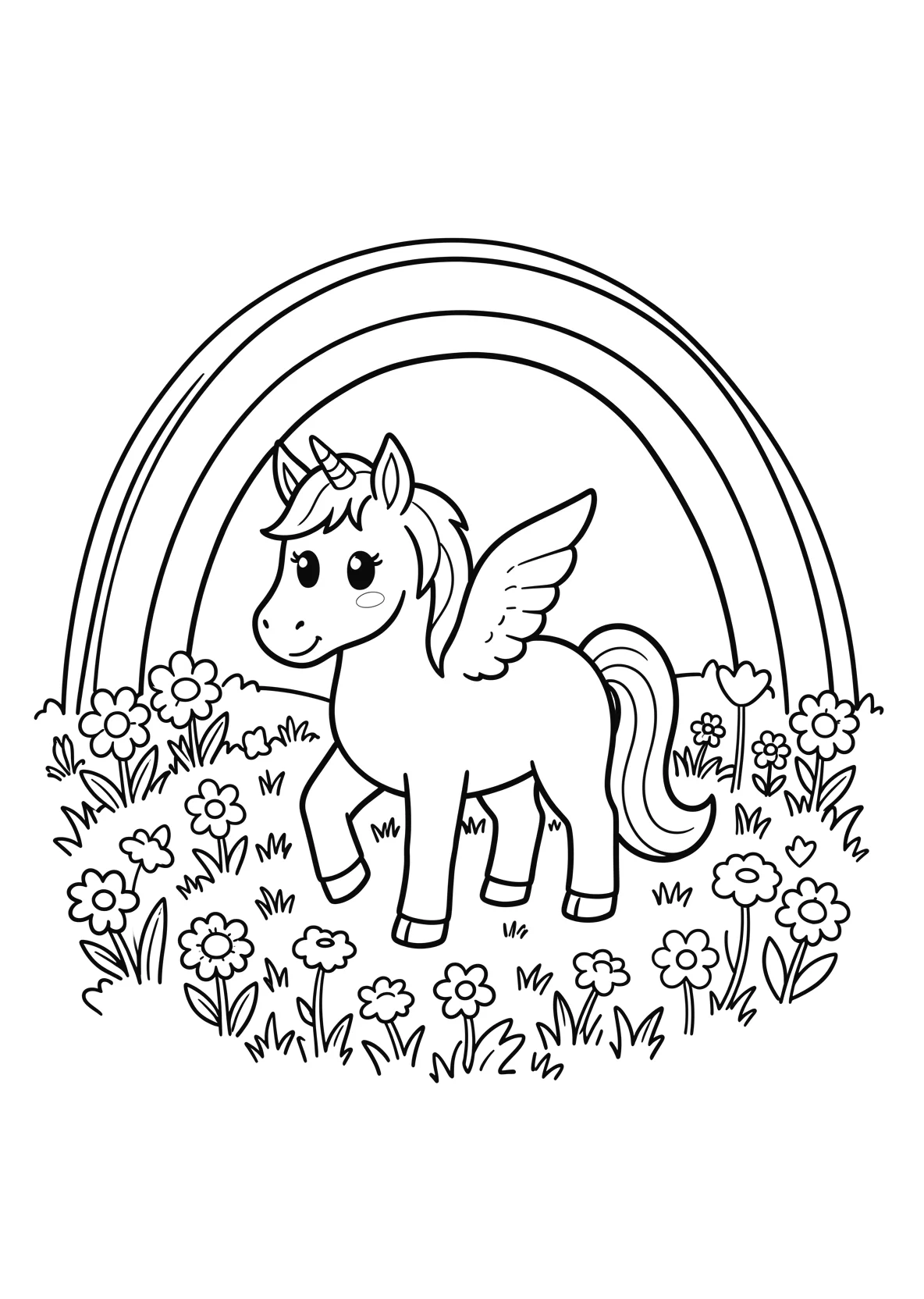 Ausmalbild Einhorn auf einer Blumenwiese mit Regenbogen - Ausmalbild aus der Kategorie Natur - kostenlos ausdrucken