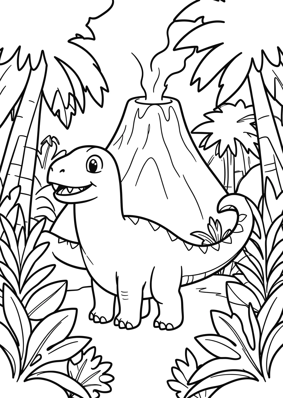 Ausmalbild Dinosaurier im Dschungel mit Vulkan - Ausmalbild aus der Kategorie Tiere - kostenlos ausdrucken