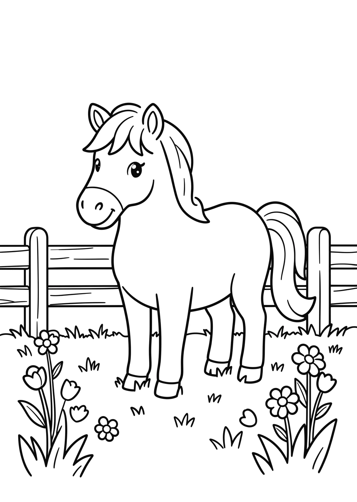 Ausmalbild Pferd auf einer Wiese mit Zaun und Blumen - Ausmalbild aus der Kategorie Tiere - kostenlos ausdrucken