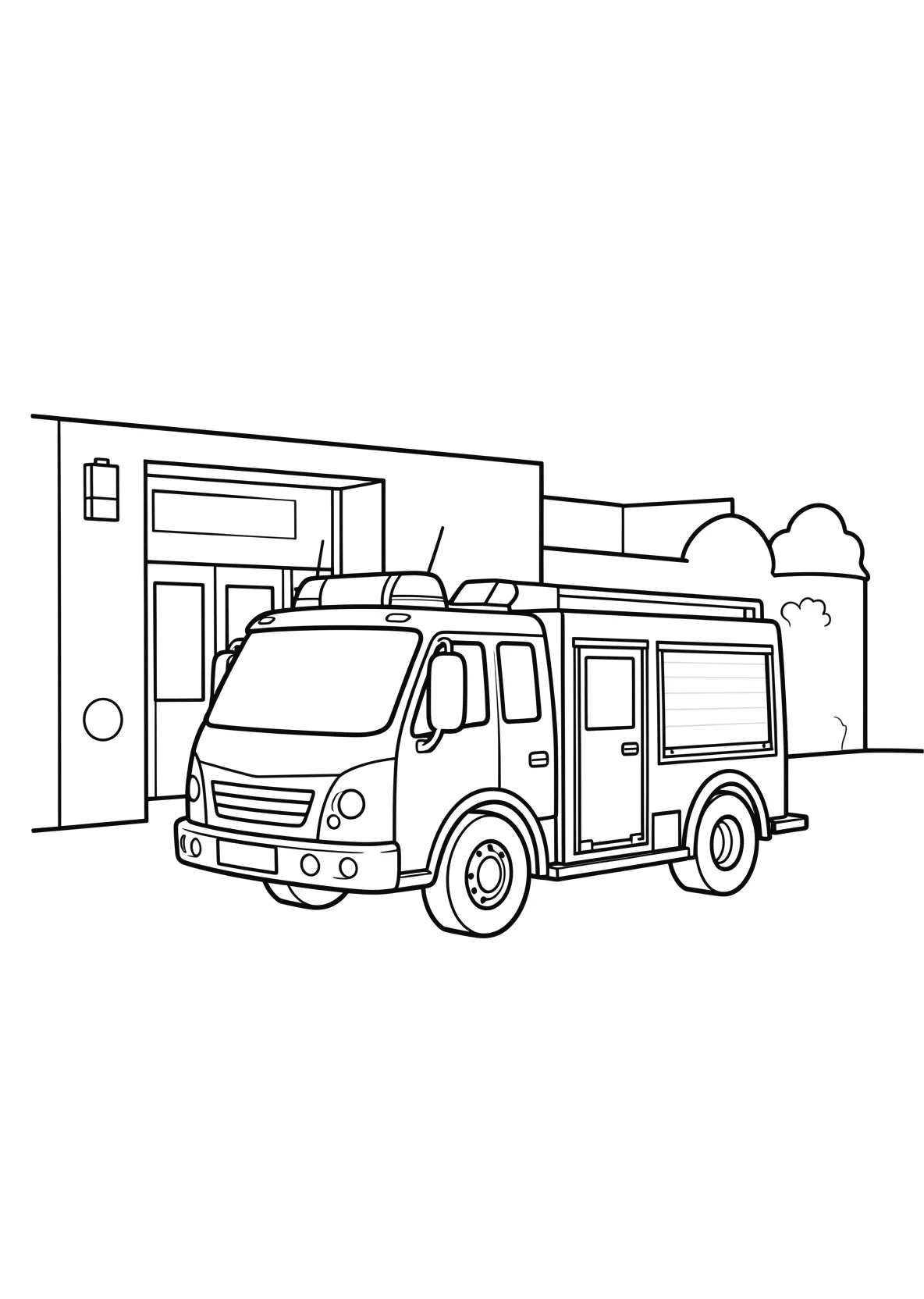 Ausmalbild Feuerwehrauto vor einer Feuerwehrstation - Ausmalbild aus der Kategorie Fahrzeuge - kostenlos ausdrucken