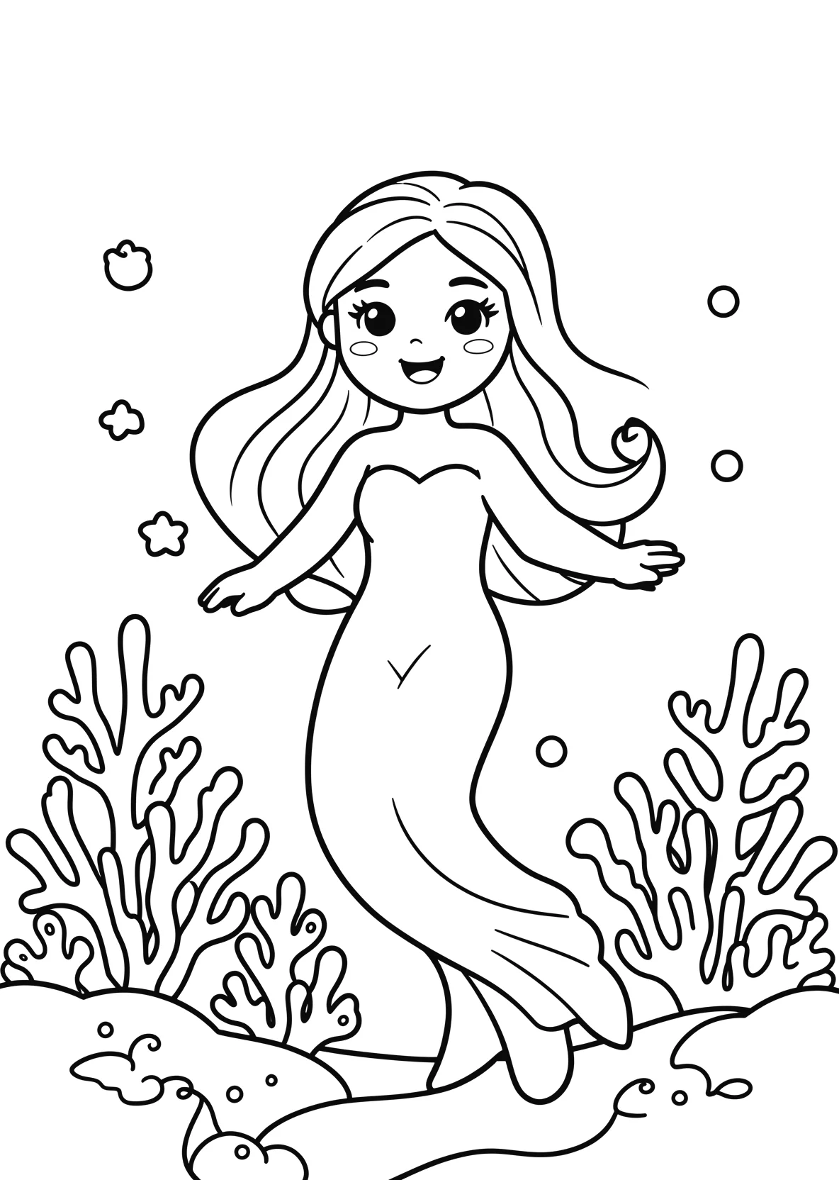 Ausmalbild Meerjungfrau im Meer mit Korallen - Ausmalbild aus der Kategorie Maerchen - kostenlos ausdrucken