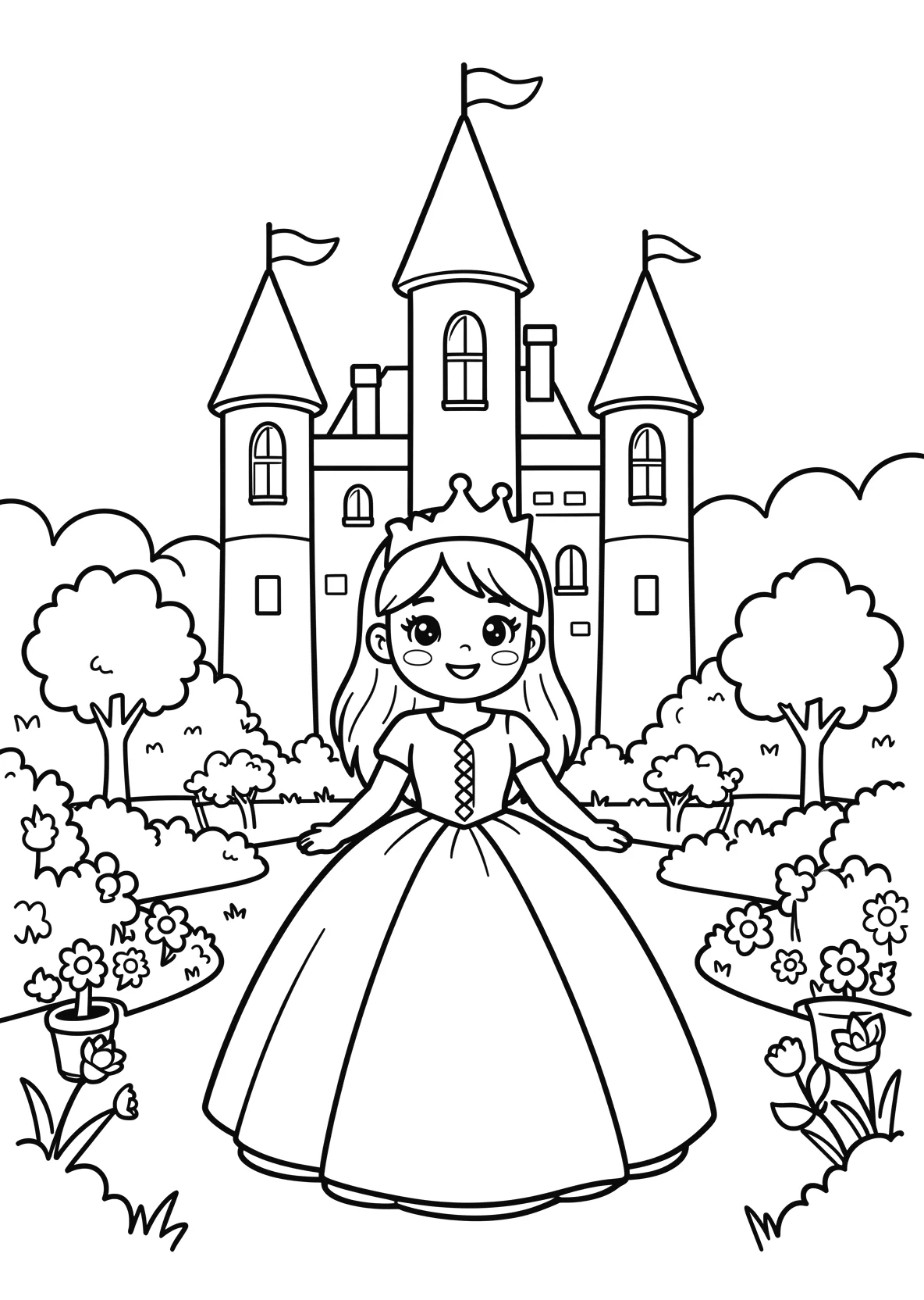 Ausmalbild Prinzessin vor einem Schloss mit Garten - Ausmalbild aus der Kategorie Maerchen - kostenlos ausdrucken