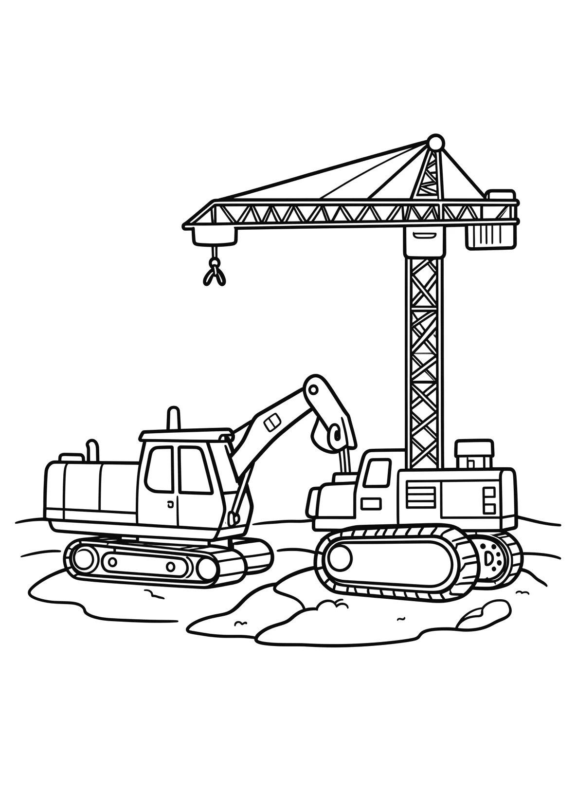 Ausmalbild Bagger auf einer Baustelle mit Kran - Ausmalbild aus der Kategorie Berufe - kostenlos ausdrucken