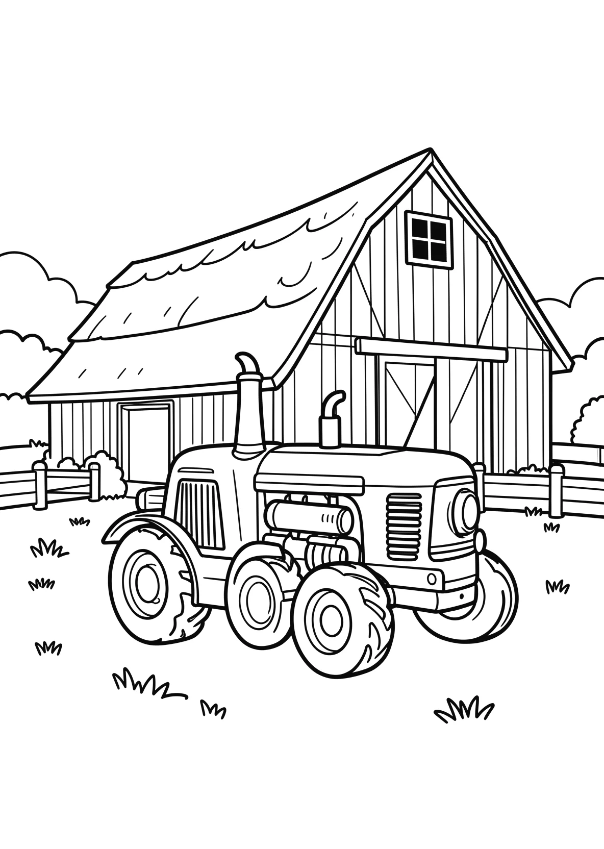 Ausmalbild Traktor auf einem Bauernhof mit Scheune - Ausmalbild aus der Kategorie Tiere - kostenlos ausdrucken