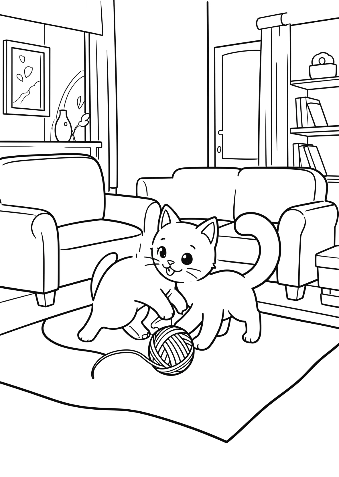 Ausmalbild Katze spielt mit einem Wollknäuel im Wohnzimmer - Ausmalbild aus der Kategorie Tiere - kostenlos ausdrucken
