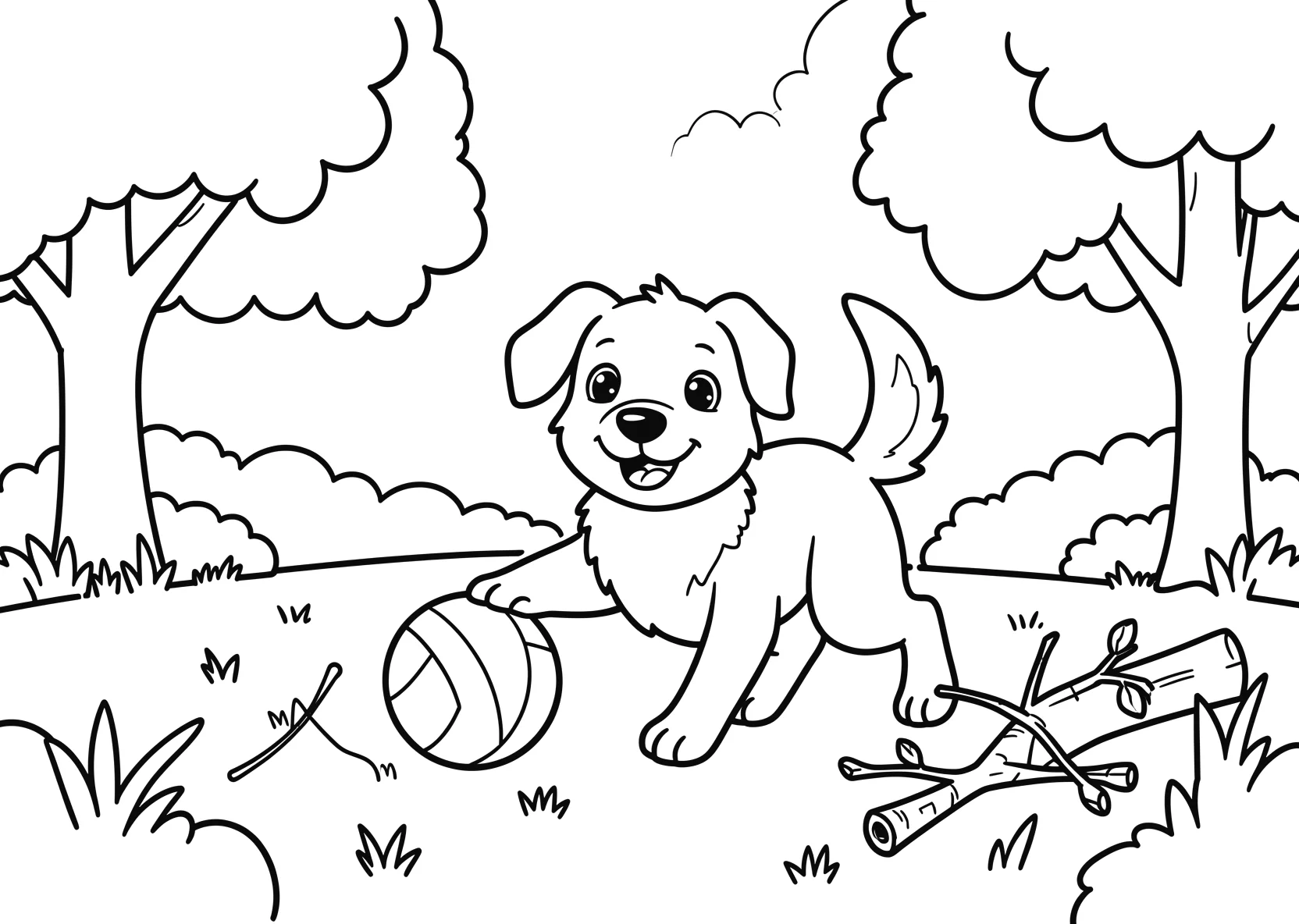 Ausmalbild Hund spielt im Park mit Ball und Ästen - Ausmalbild aus der Kategorie Tiere - kostenlos ausdrucken