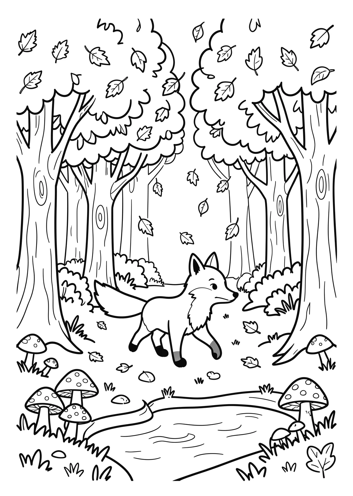 Ausmalbild Kleiner Fuchs läuft durch einen Herbstwald mit - Ausmalbild aus der Kategorie Natur - kostenlos ausdrucken