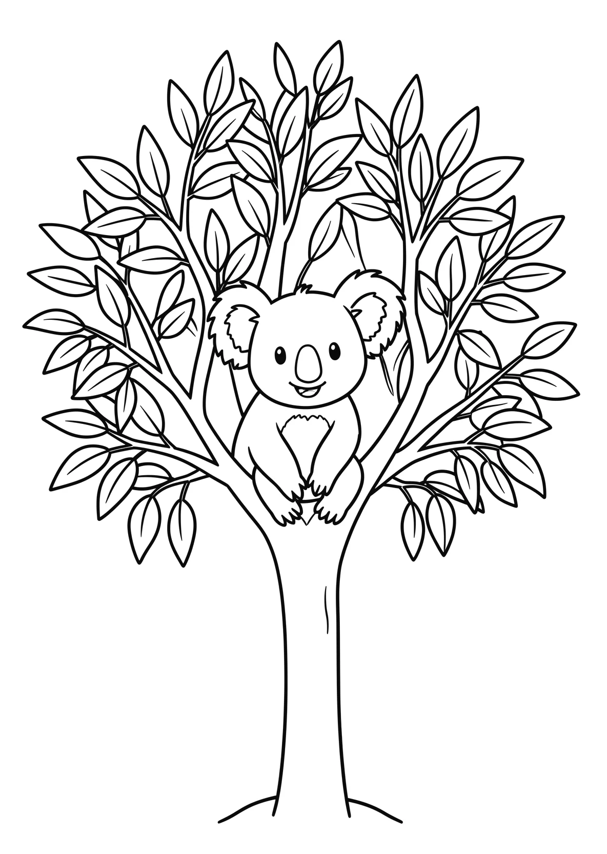 Ausmalbild Koala sitzt gemütlich auf einem Eukalyptusbaum - Ausmalbild aus der Kategorie Tiere - kostenlos ausdrucken