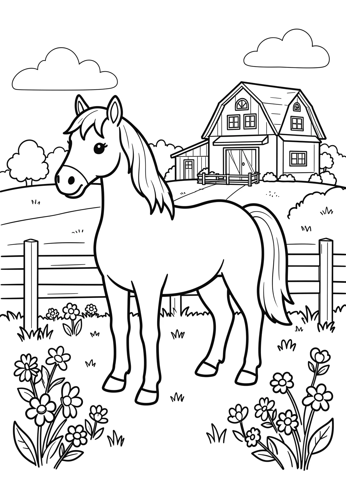Ausmalbild Pferd steht auf einer Weide mit Zaun - Ausmalbild aus der Kategorie Tiere - kostenlos ausdrucken
