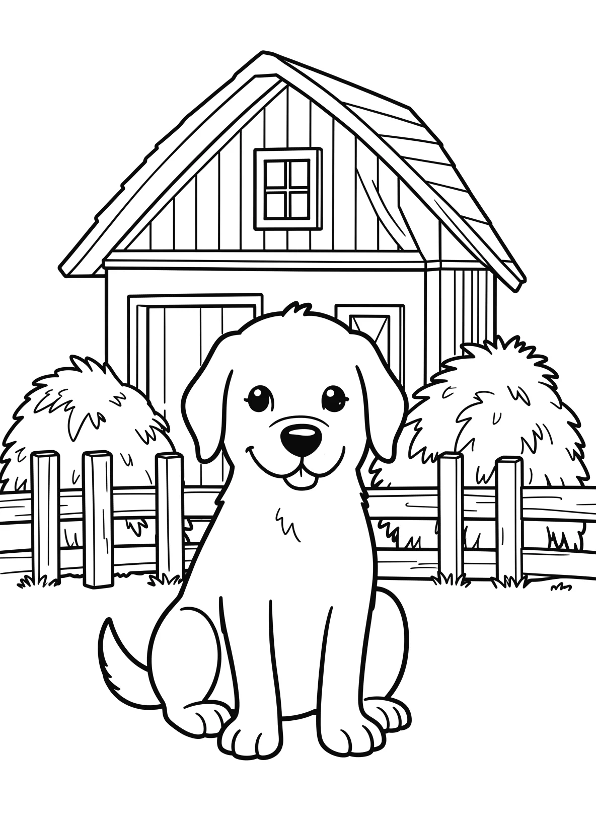 Ausmalbild Bauernhofhund sitzt vor einer Scheune mit - Ausmalbild aus der Kategorie Tiere - kostenlos ausdrucken