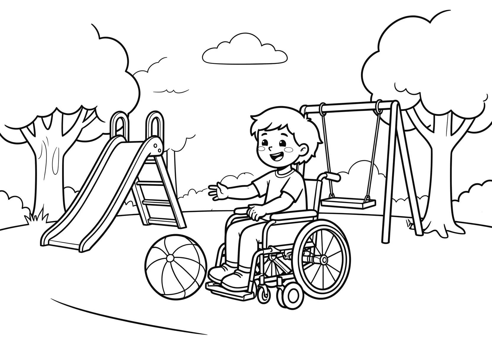 Ausmalbild Kind im Rollstuhl spielt mit einem Ball auf einem - Ausmalbild aus der Kategorie Berufe - kostenlos ausdrucken
