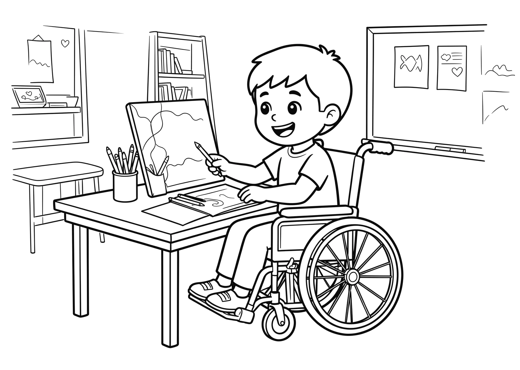 Ausmalbild Junge im Rollstuhl malt ein Bild an einem Tisch - Ausmalbild aus der Kategorie Berufe - kostenlos ausdrucken