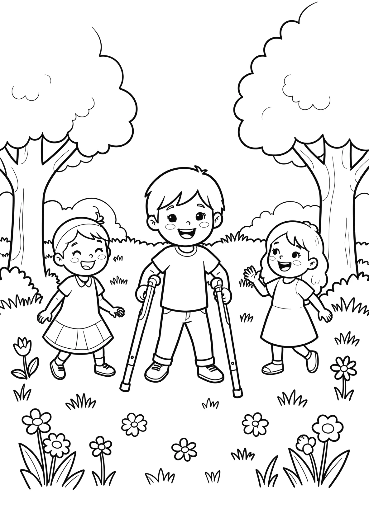 Ausmalbild Kind mit Krücken spielt mit Freunden auf einer - Ausmalbild aus der Kategorie Natur - kostenlos ausdrucken