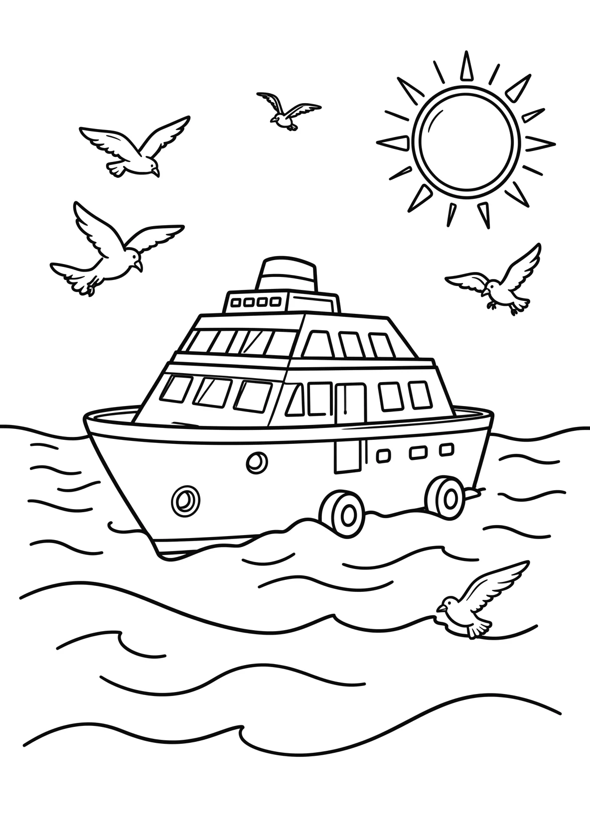 Ausmalbild Kreuzfahrtschiff fährt über den Ozean mit Möwen - Ausmalbild aus der Kategorie Fahrzeuge - kostenlos ausdrucken