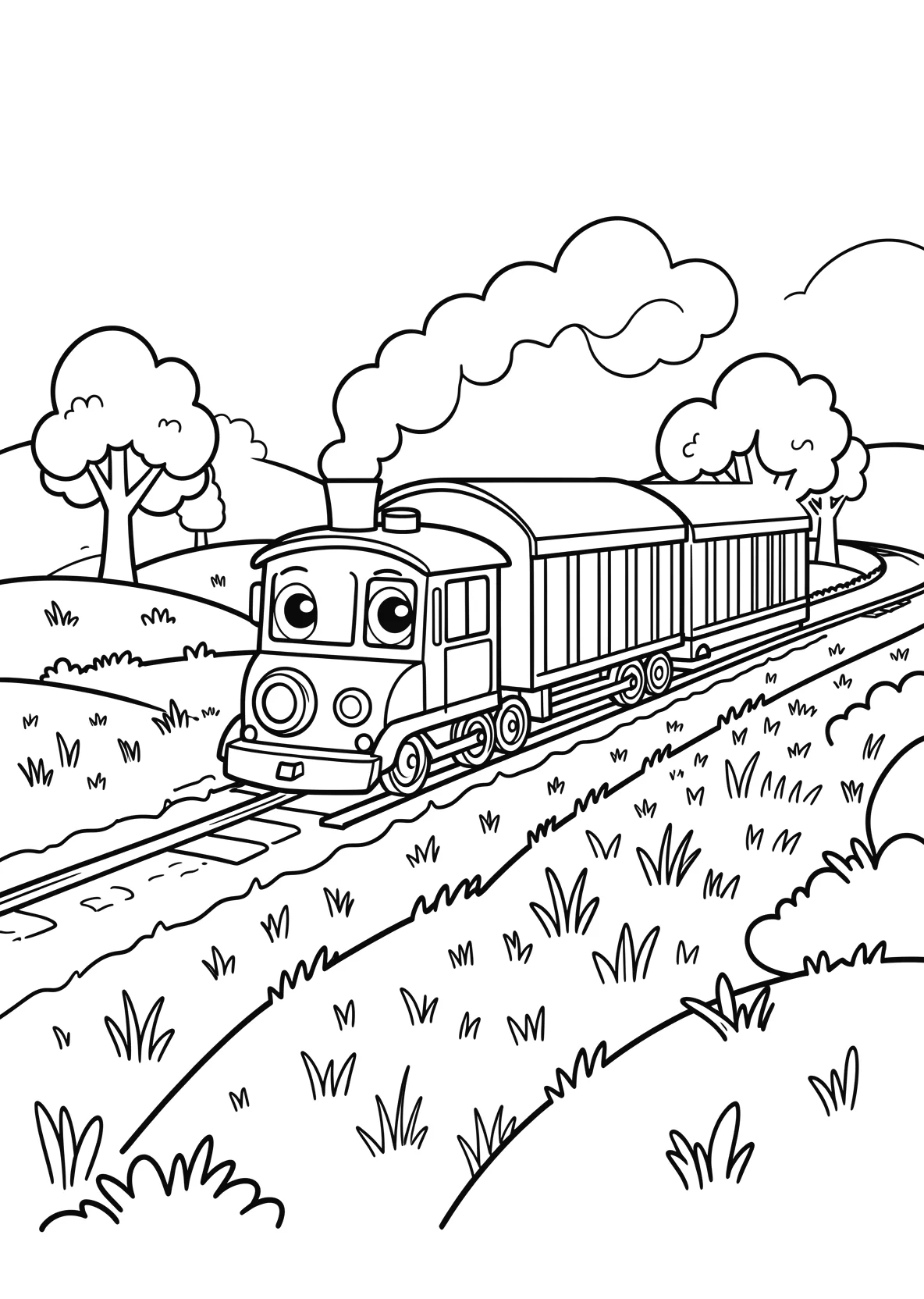 Ausmalbild Güterzug fährt durch eine Landschaft mit Feldern - Ausmalbild aus der Kategorie Fahrzeuge - kostenlos ausdrucken