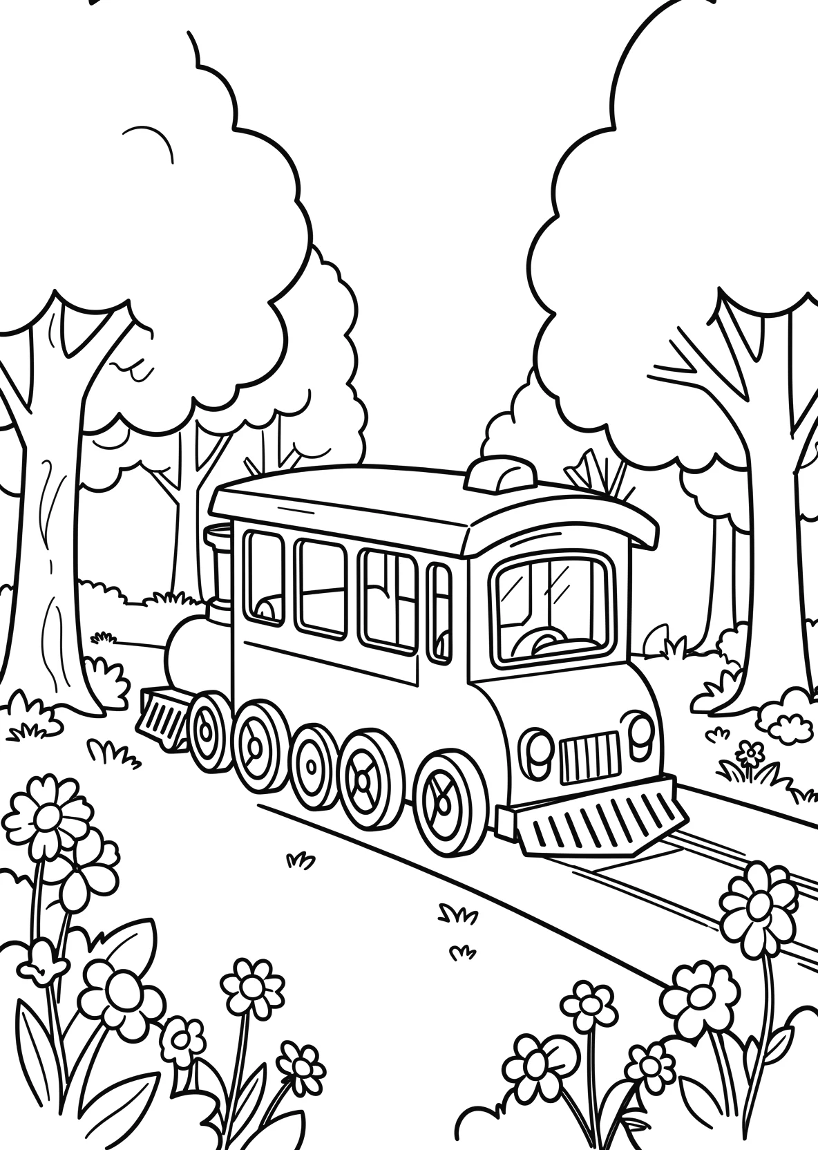 Ausmalbild Kleiner Kinderzug fährt durch einen Park mit - Ausmalbild aus der Kategorie Fahrzeuge - kostenlos ausdrucken