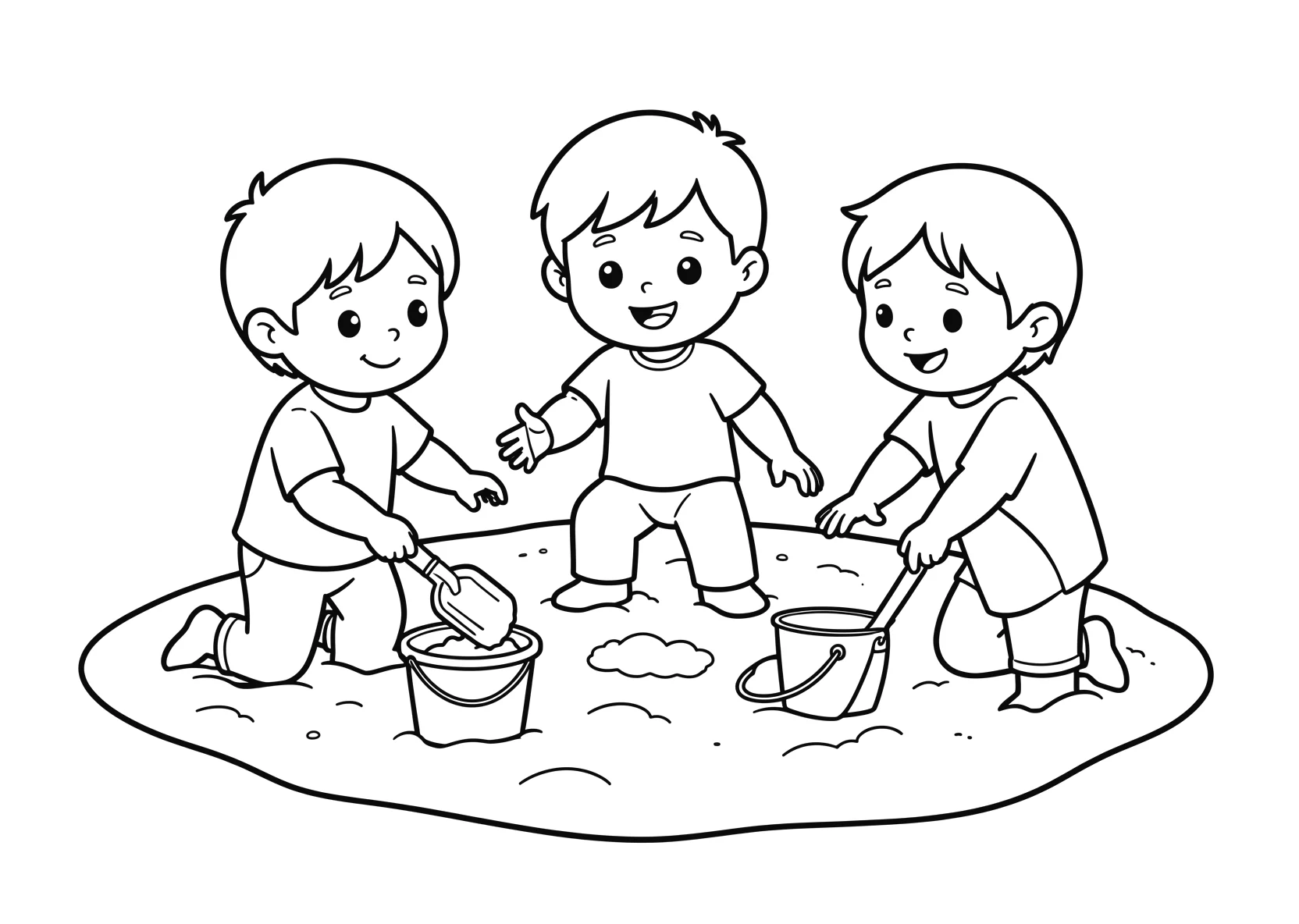 Ausmalbild Kinder spielen im Sand mit Förmchen - Ausmalbild aus der Kategorie Natur - kostenlos ausdrucken