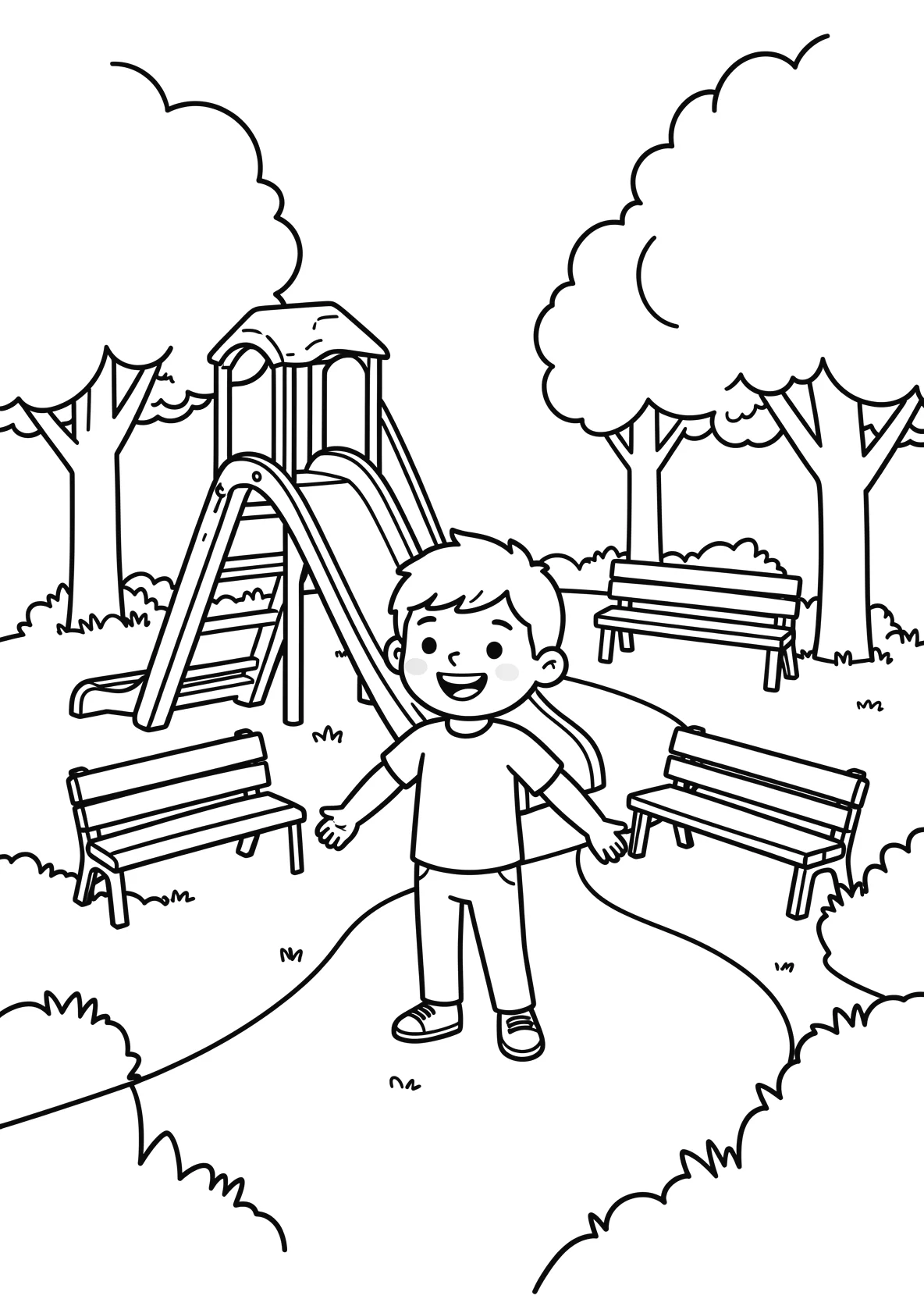 Ausmalbild Spielplatz im Park mit Rutsche - Ausmalbild aus der Kategorie Berufe - kostenlos ausdrucken