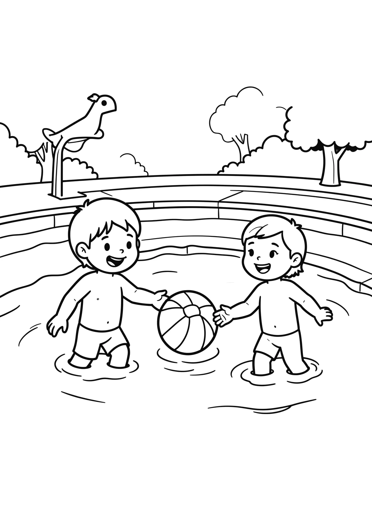 Ausmalbild Kinder spielen im Wasser mit einem Ball im Freibad - Ausmalbild aus der Kategorie Sport - kostenlos ausdrucken