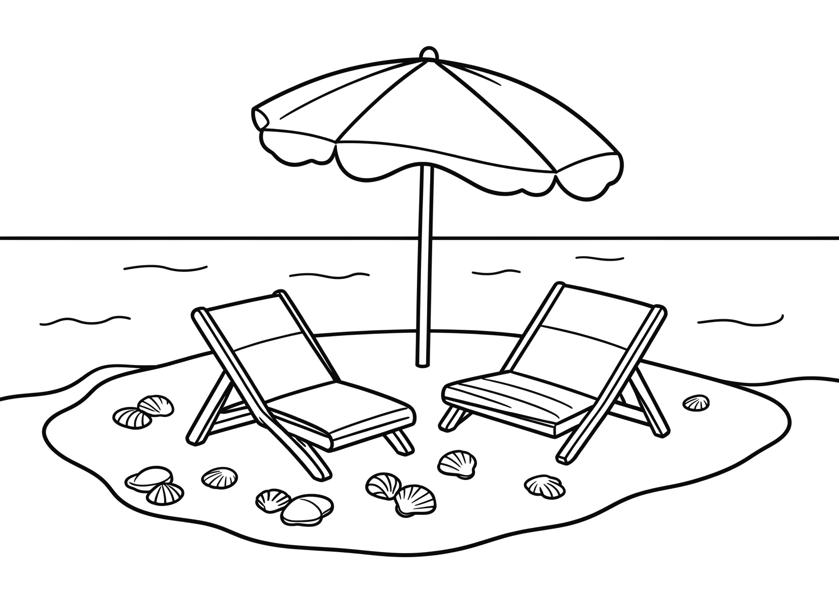 Ausmalbild Strand mit Liegestühlen - Ausmalbild aus der Kategorie Natur - kostenlos ausdrucken